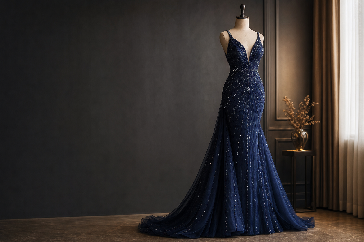 Midnight blue beaded evening gown displayed on a couture dress form