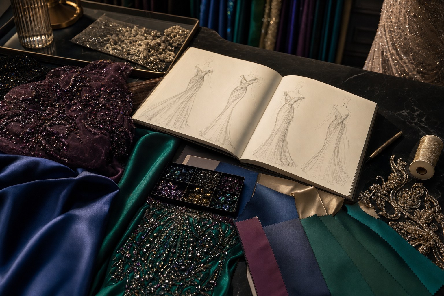 Couture sketches, jewel-tone fabric, and beaded details arranged on a design table
