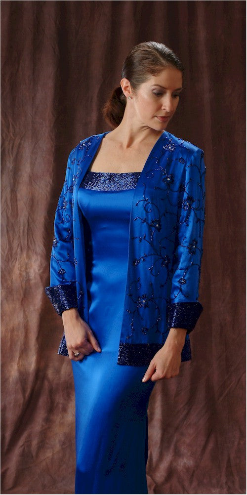 Royal blue formal gown with a beaded jacket and fitted skirt