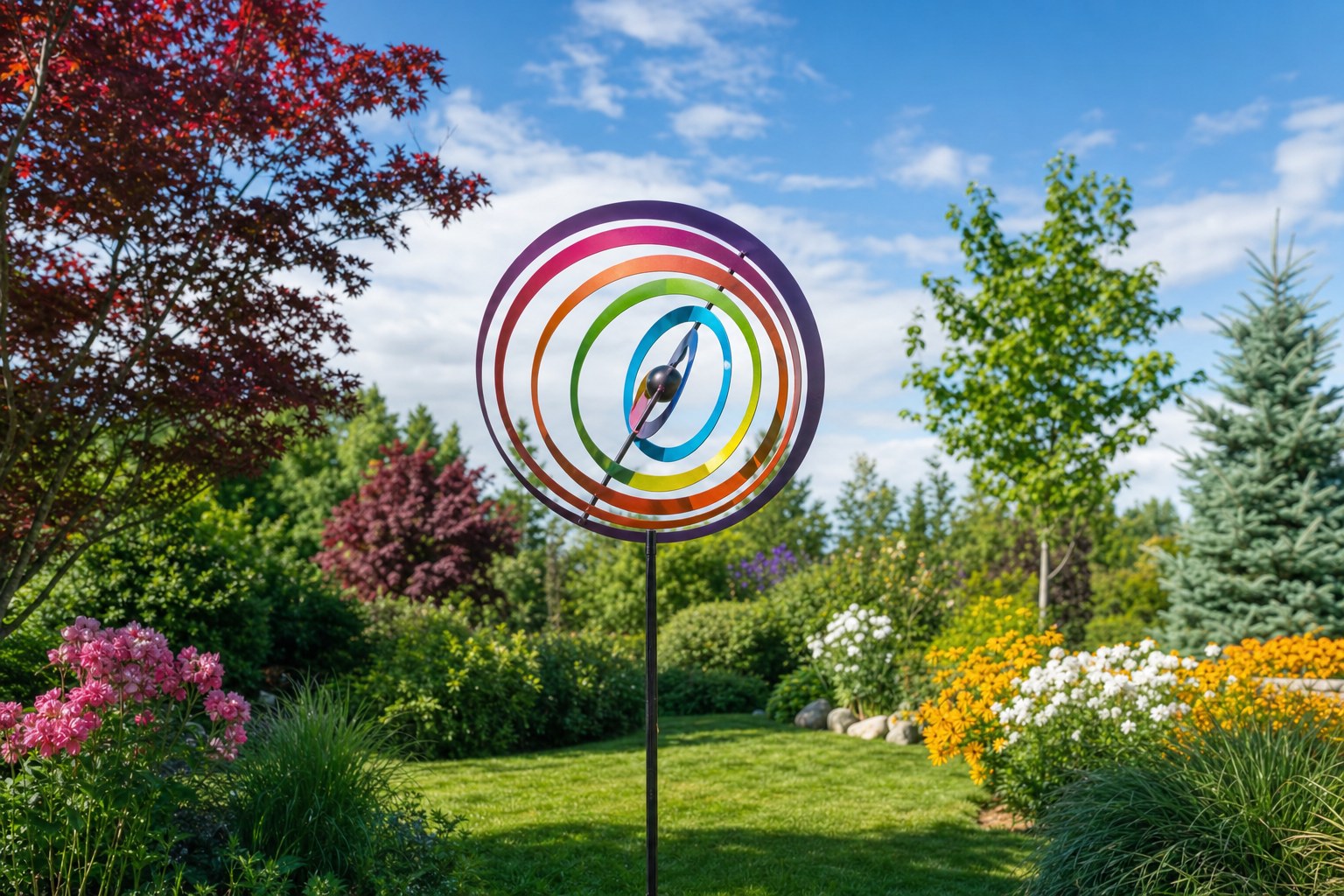 Colorful metal wind spinner turning in an open flower garden