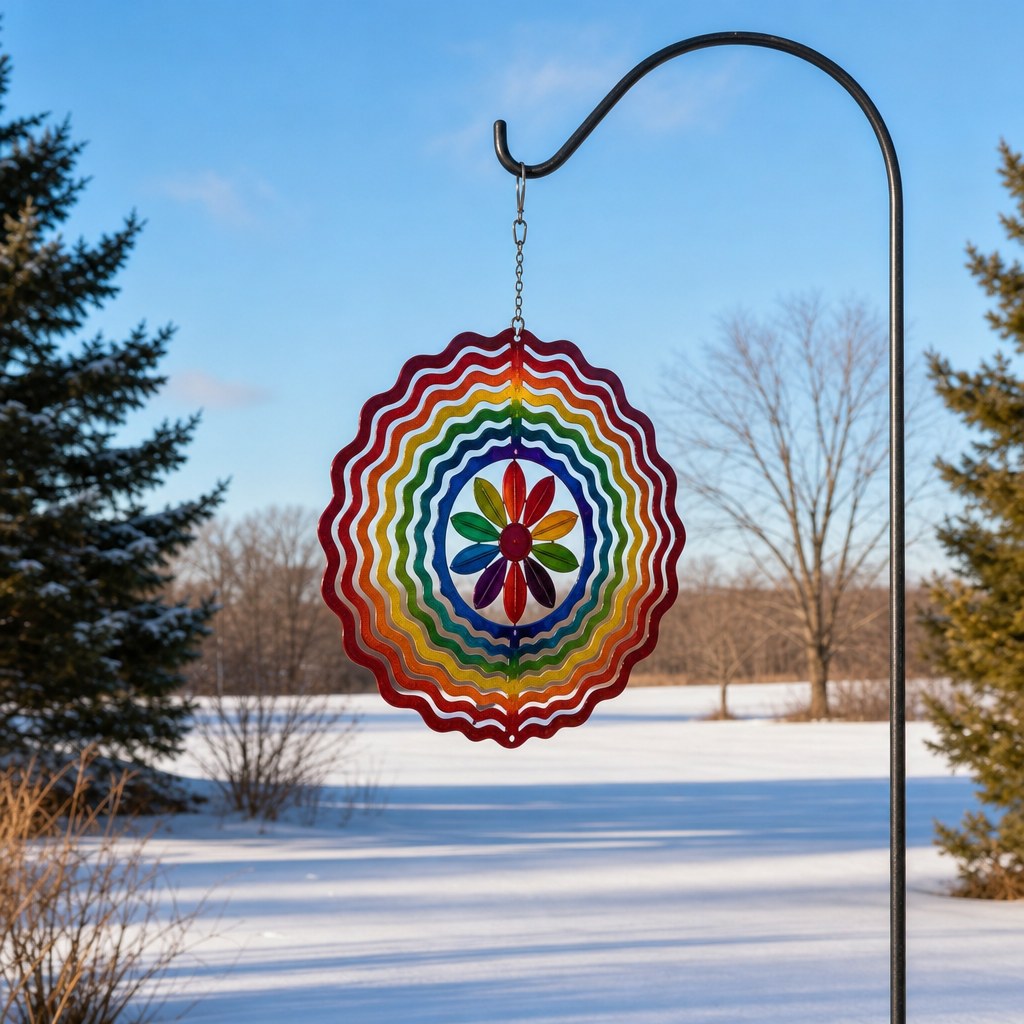 Colorful wind spinner hanging freely in a calm winter yard