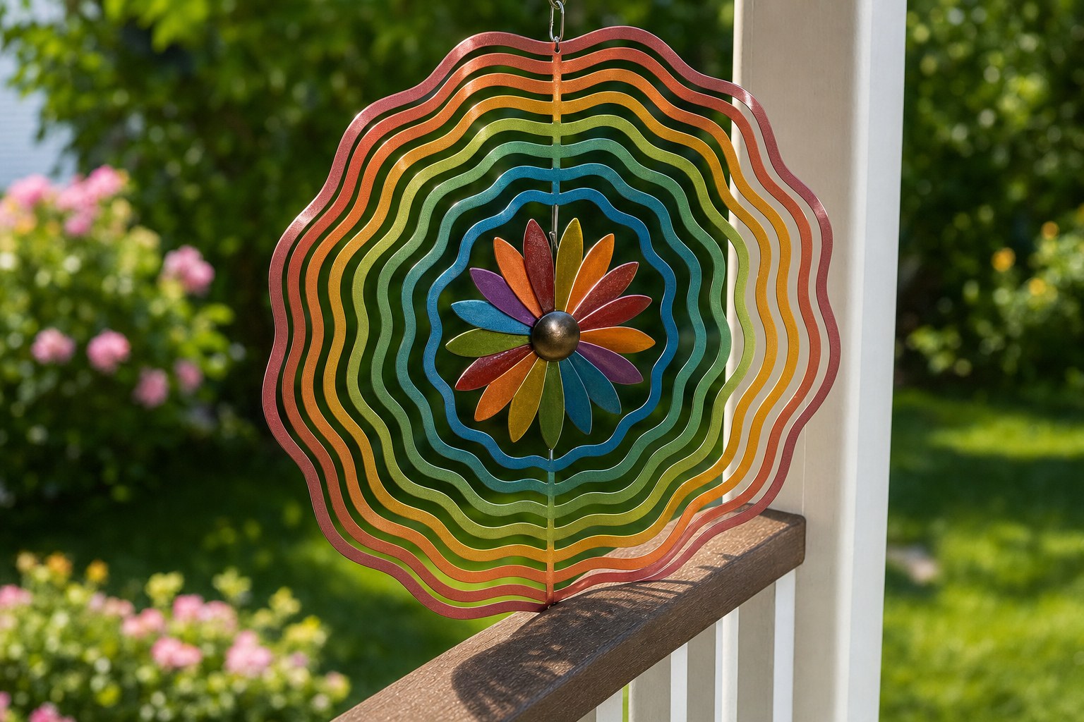 Colorful metal wind spinner hanging close to a porch railing