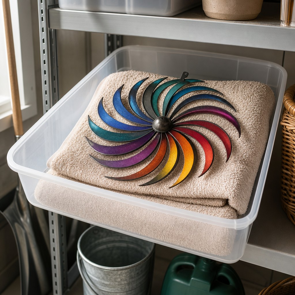 Colorful metal wind spinner resting on a soft towel in a dry storage bin