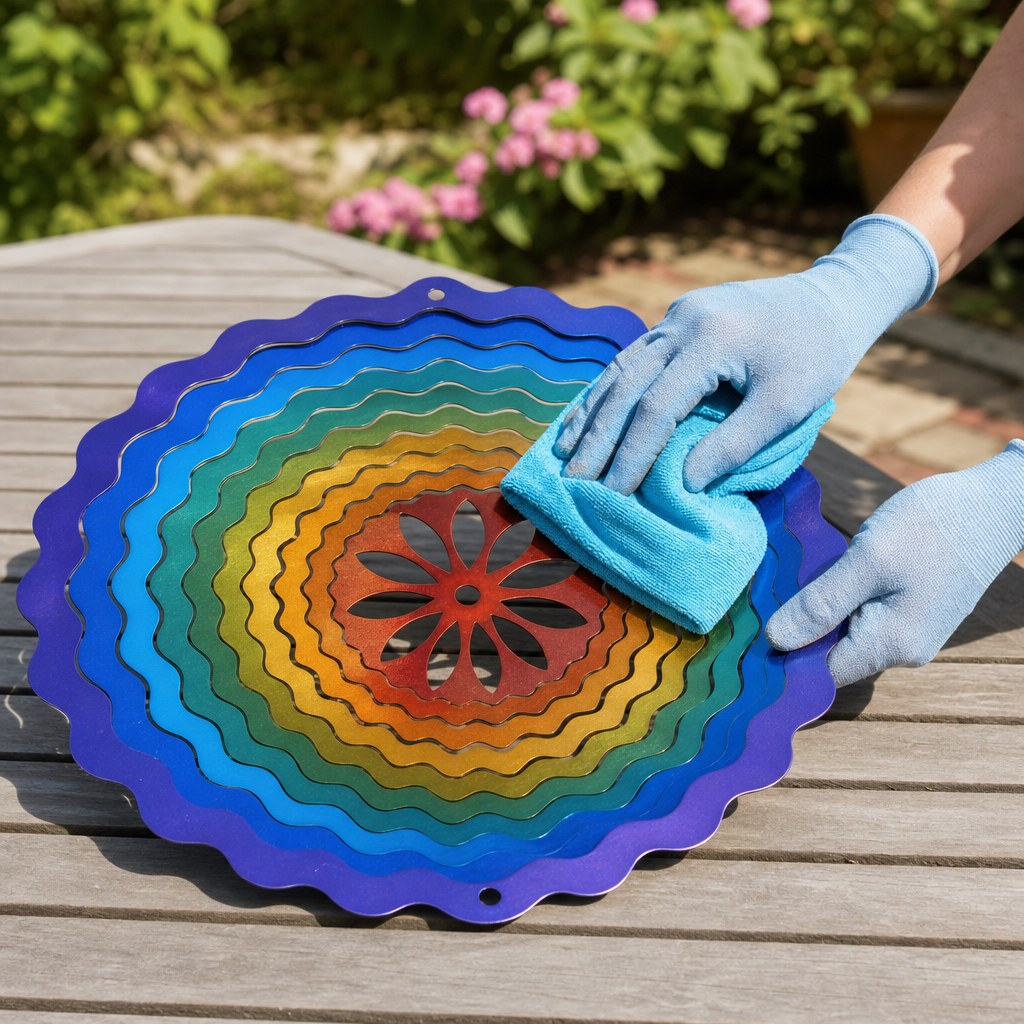 Gloved hands gently cleaning a colorful metal wind spinner with a soft cloth