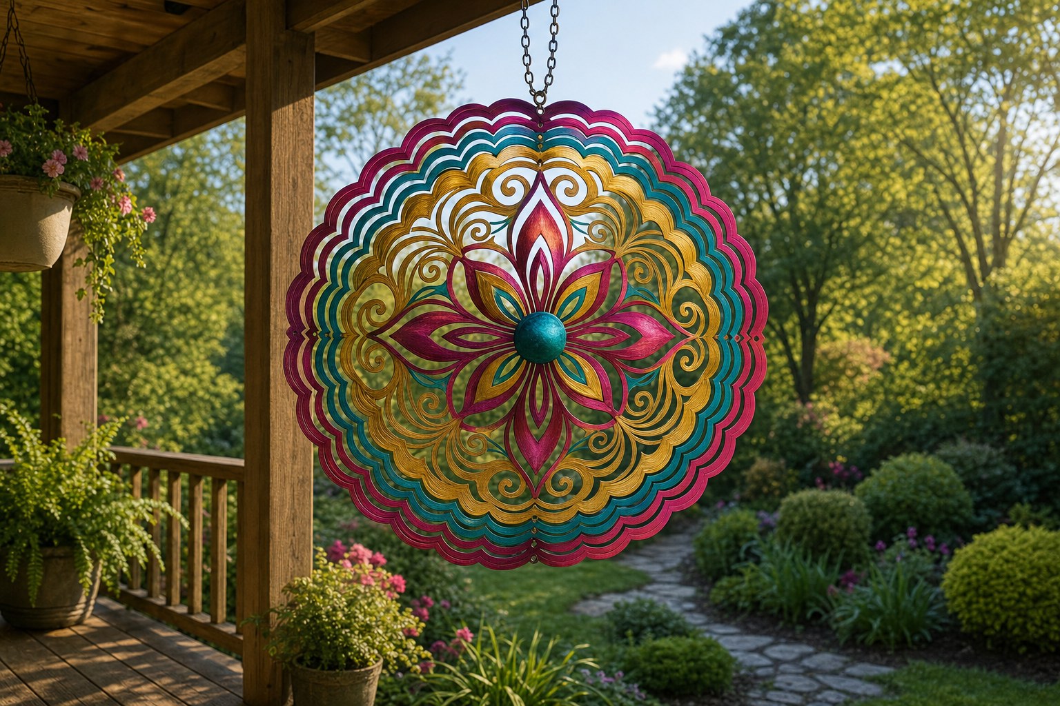 Colorful metal wind spinner hanging still on a porch