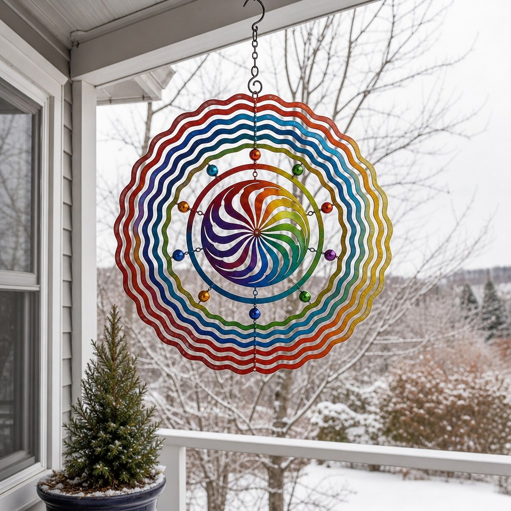 Colorful metal wind spinner on a snowy porch