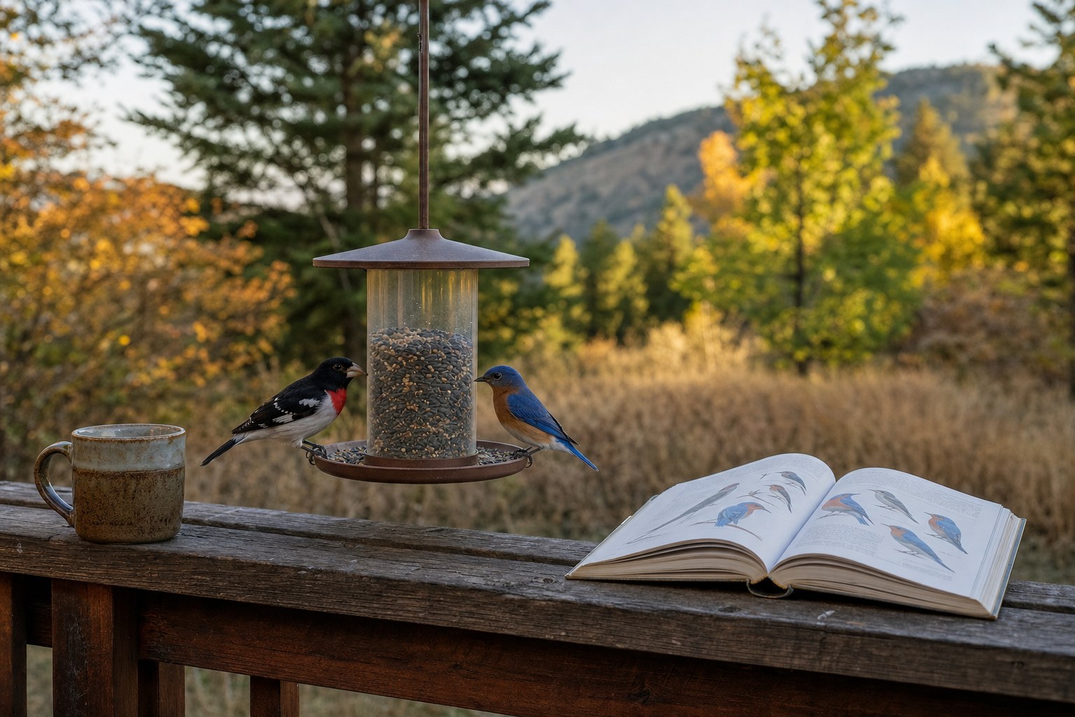 Songbirds visiting a backyard feeder near a bird field guide