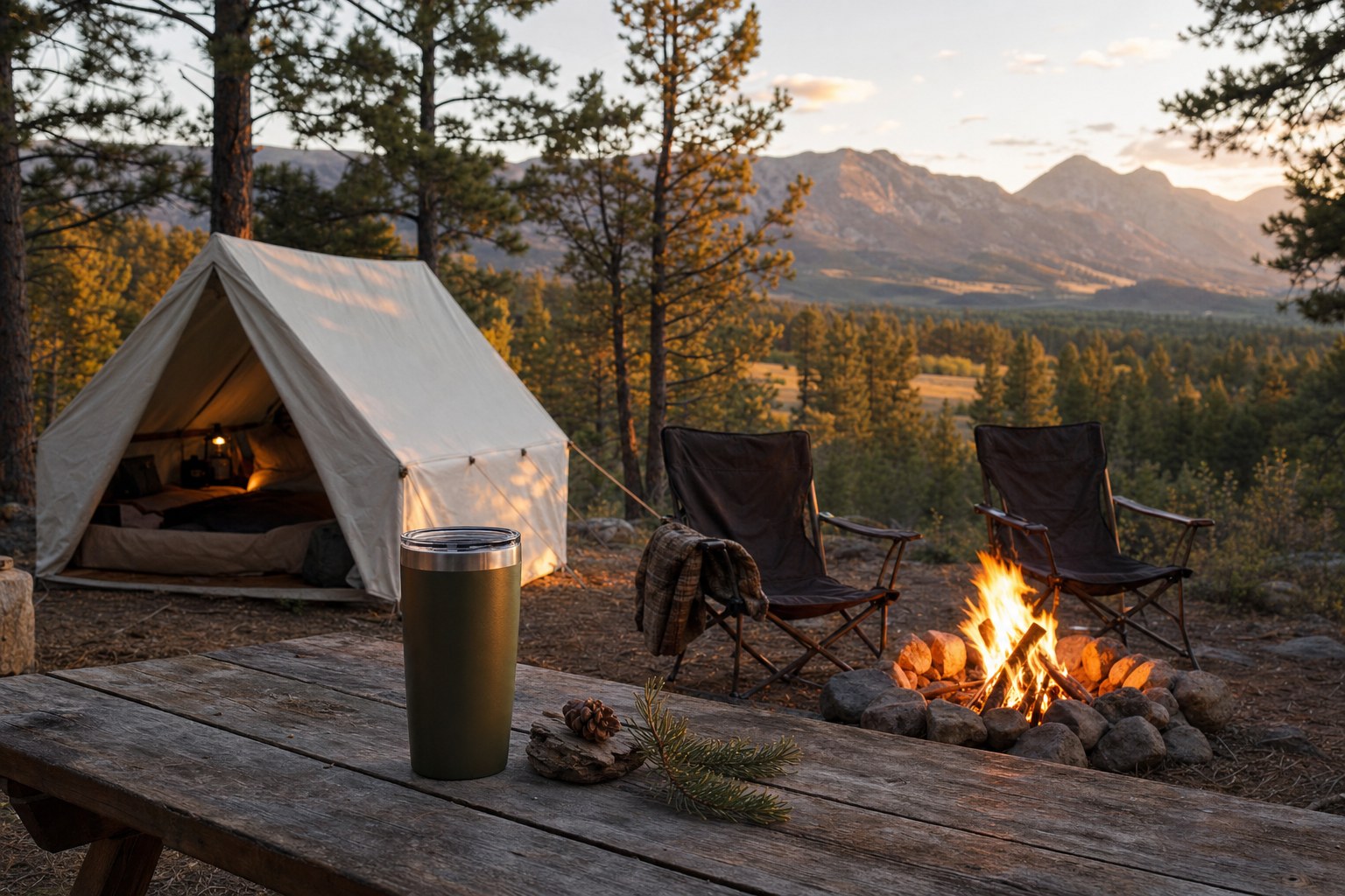 Quiet autumn campsite with a tent, campfire, picnic table, and distant Colorado foothills