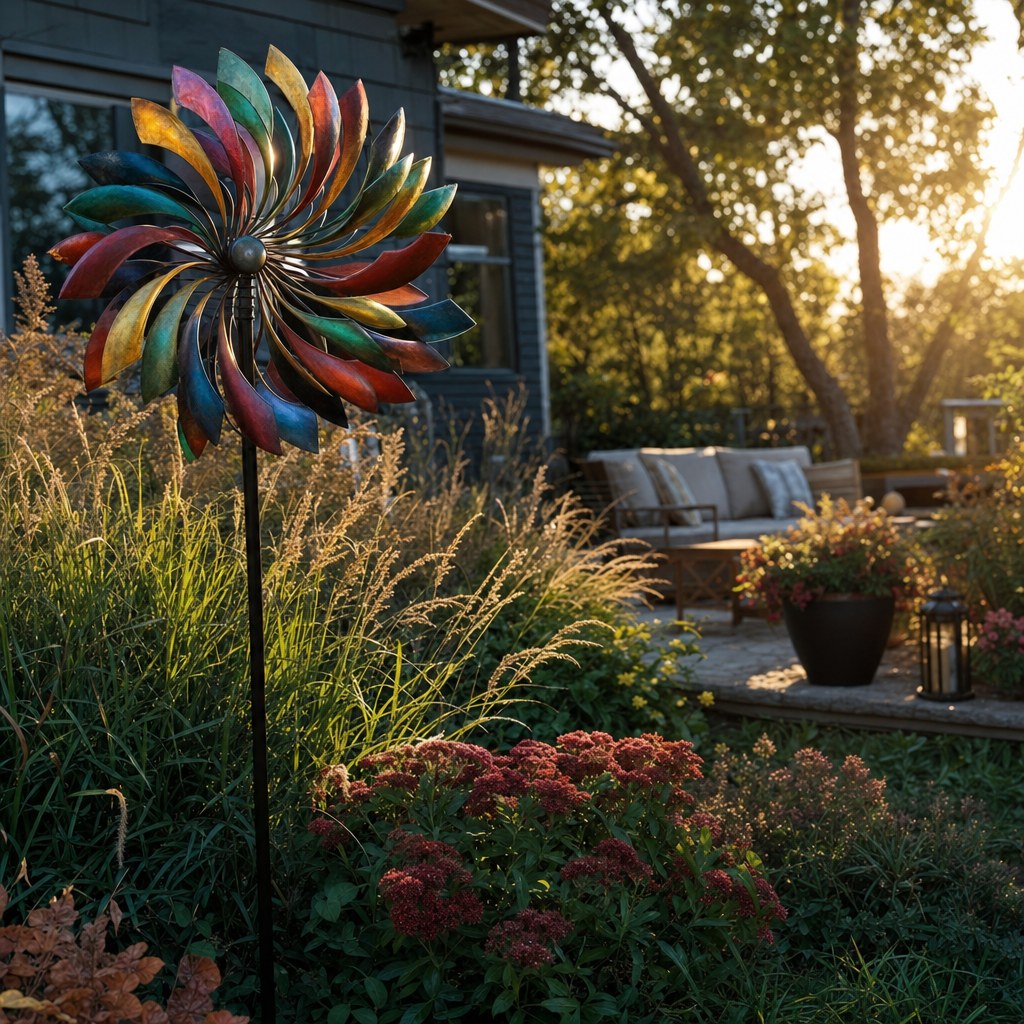 Colorful garden wind spinner near flowers at golden hour