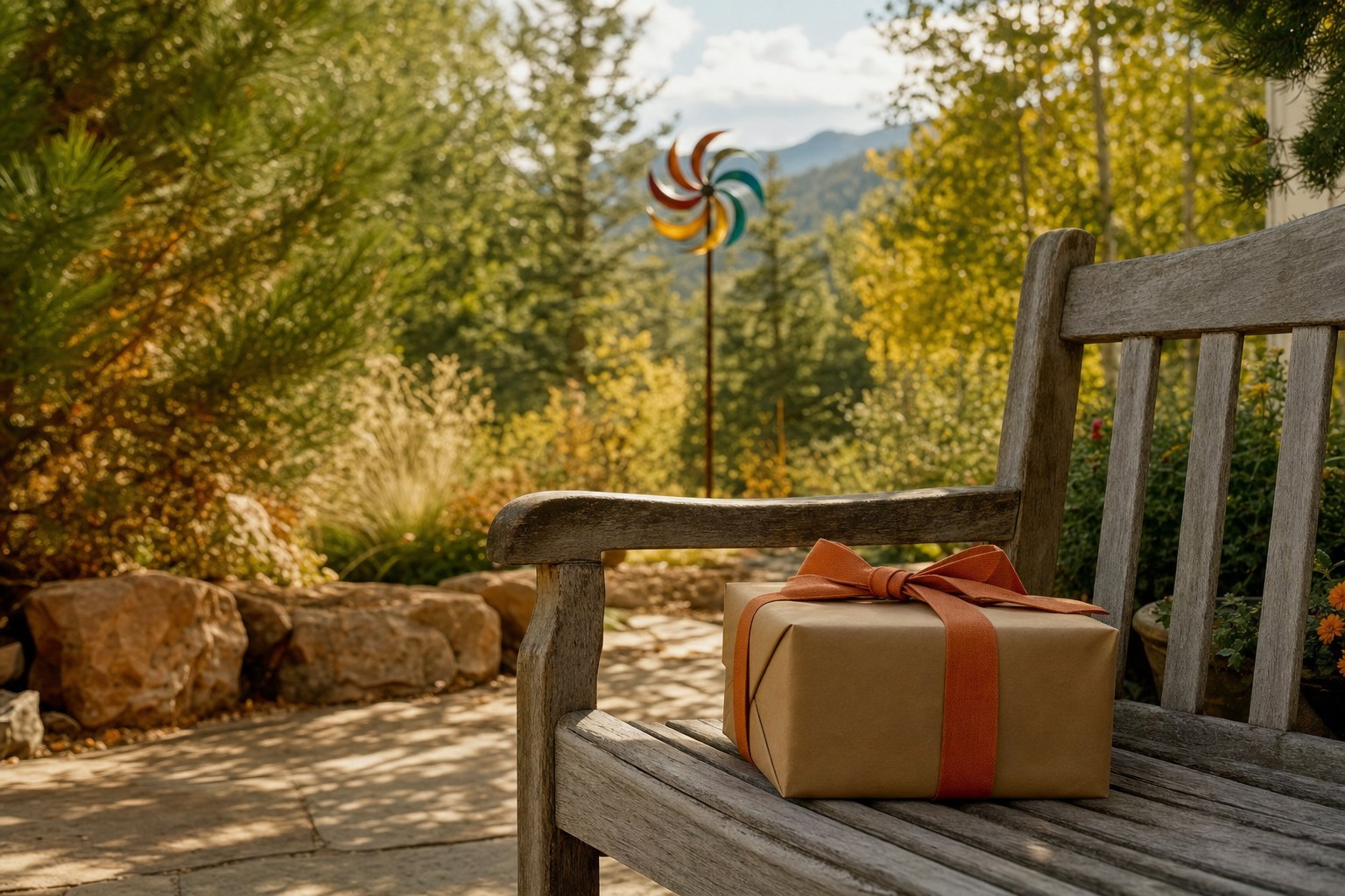 Wrapped garden gift resting on a bench beside a colorful wind spinner