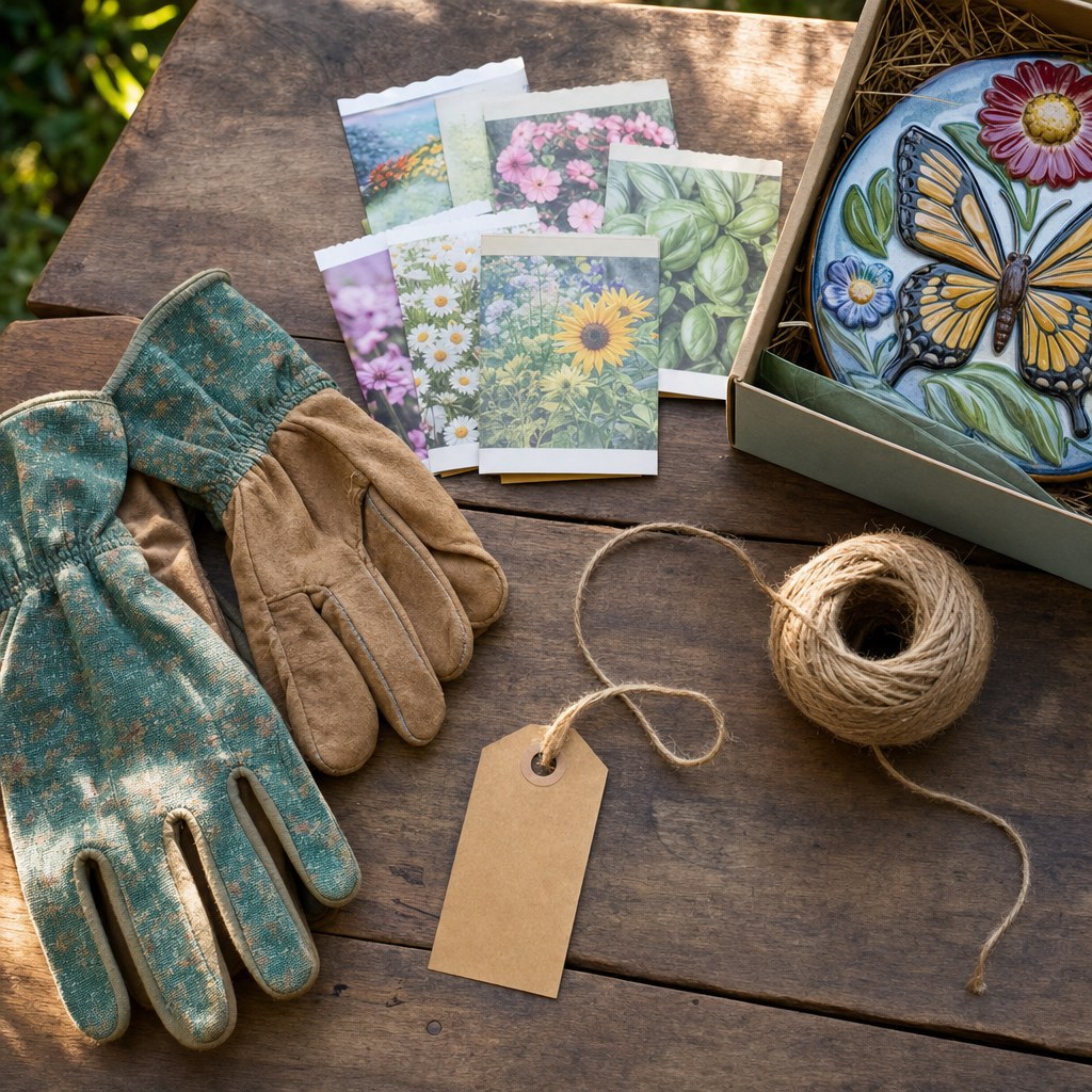 Garden gift planning table with gloves, seed packets, twine, and a small outdoor decor gift
