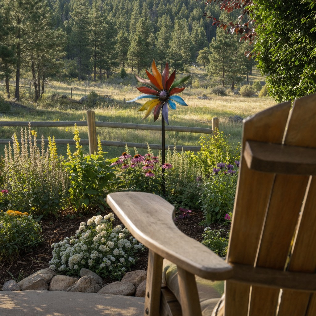 Colorful wind spinner with room to move in a peaceful flower garden