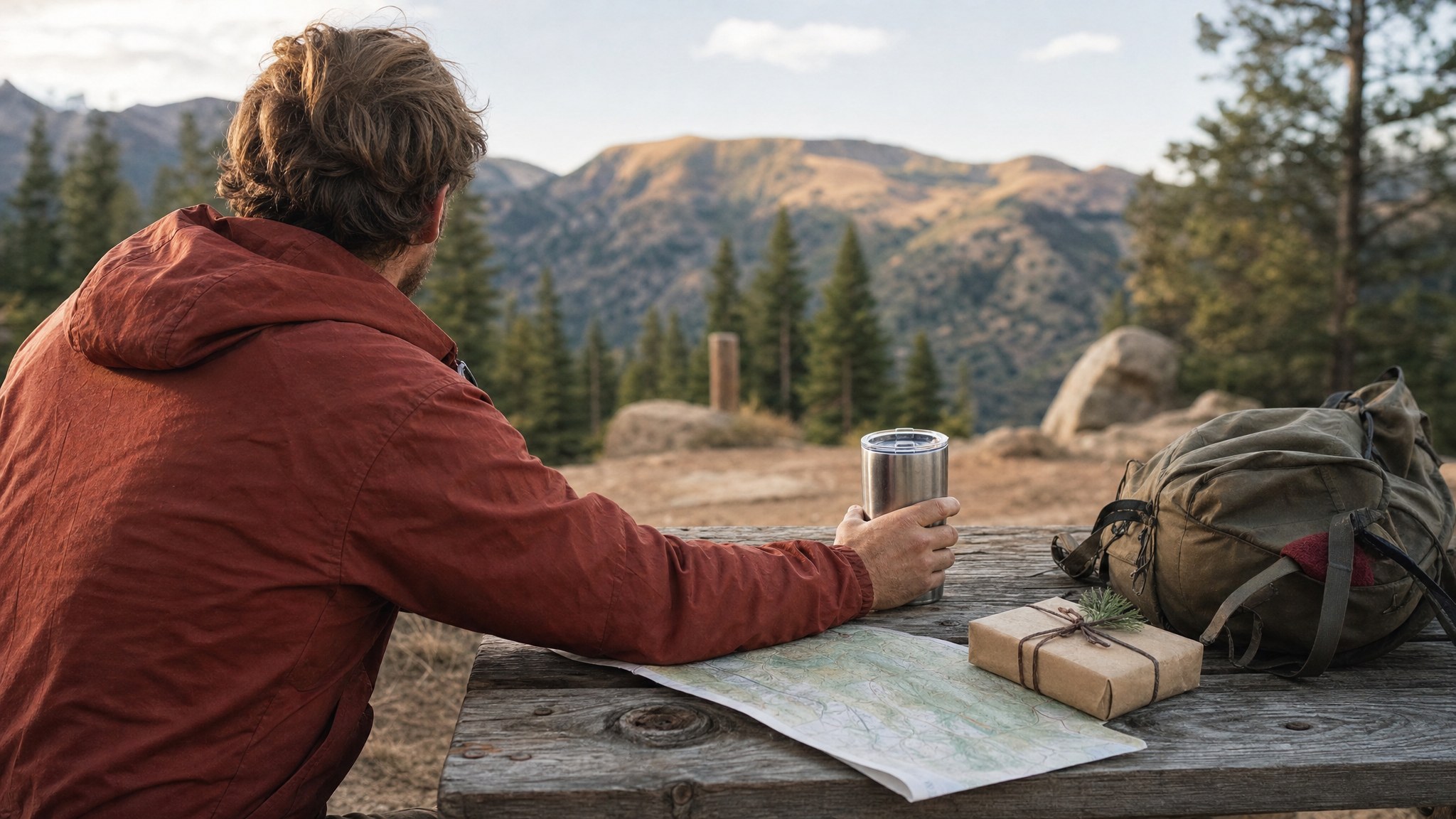 Hiker setting a tumbler and a small wrapped gift on a trailhead table