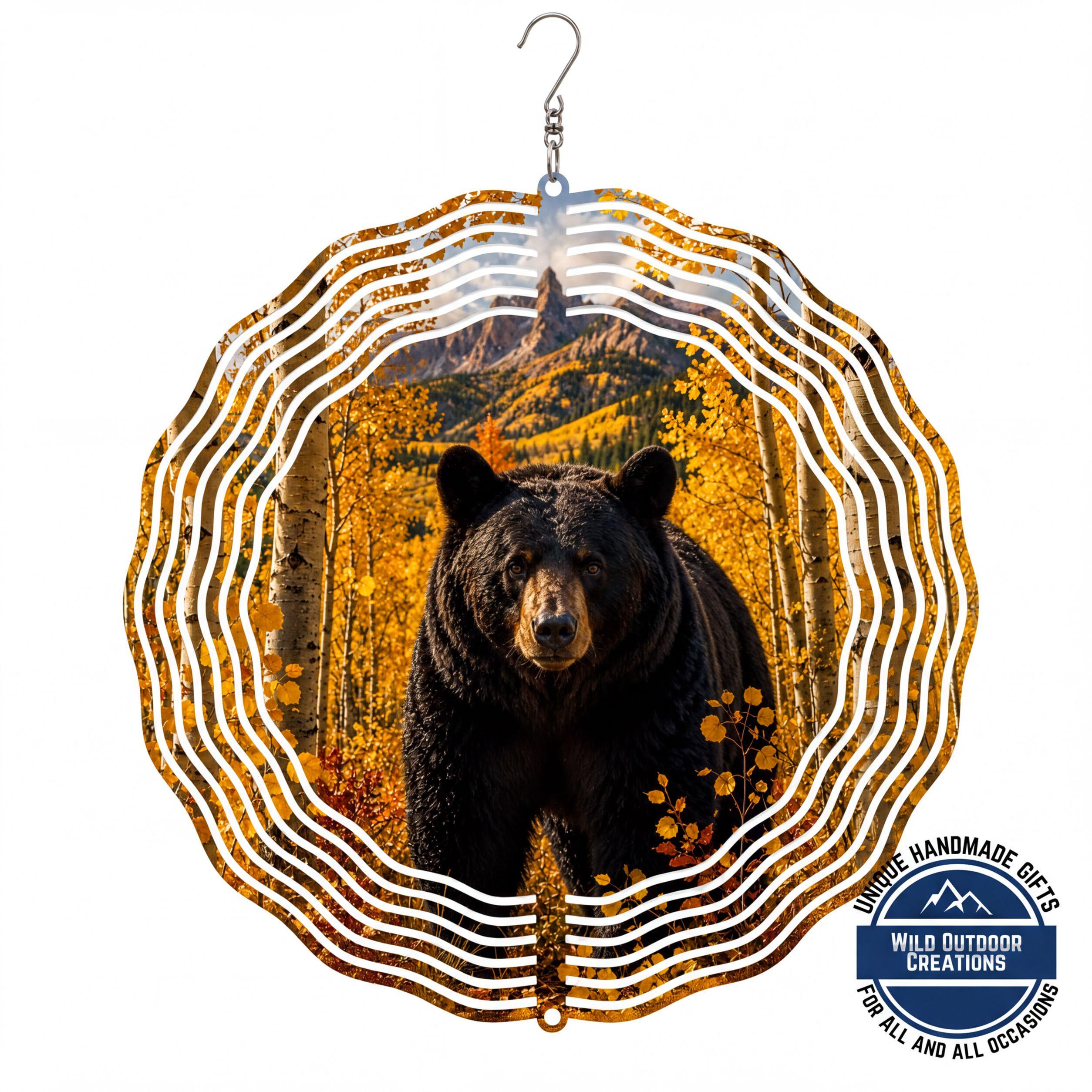 Black bear wind spinner with colorful stained-glass-inspired artwork