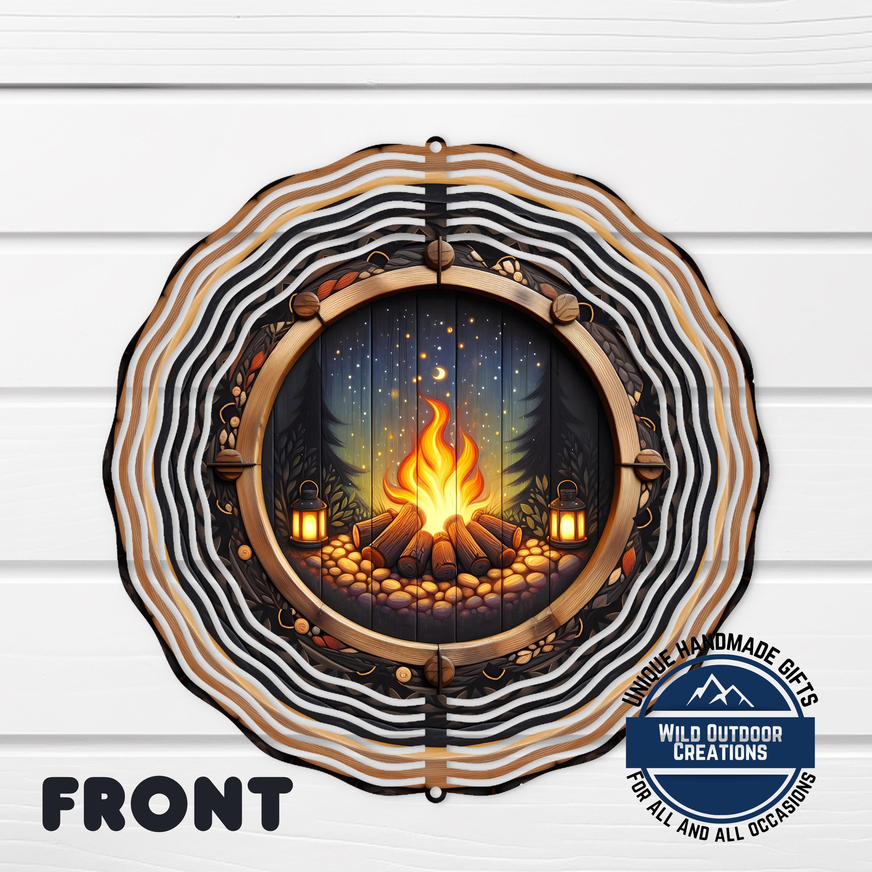 Campfire-themed wind spinner in outdoor decor