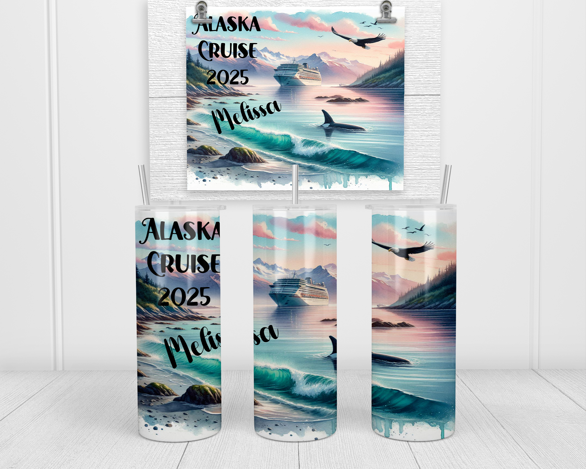 Personalized Alaska cruise tumbler with a bright blue design