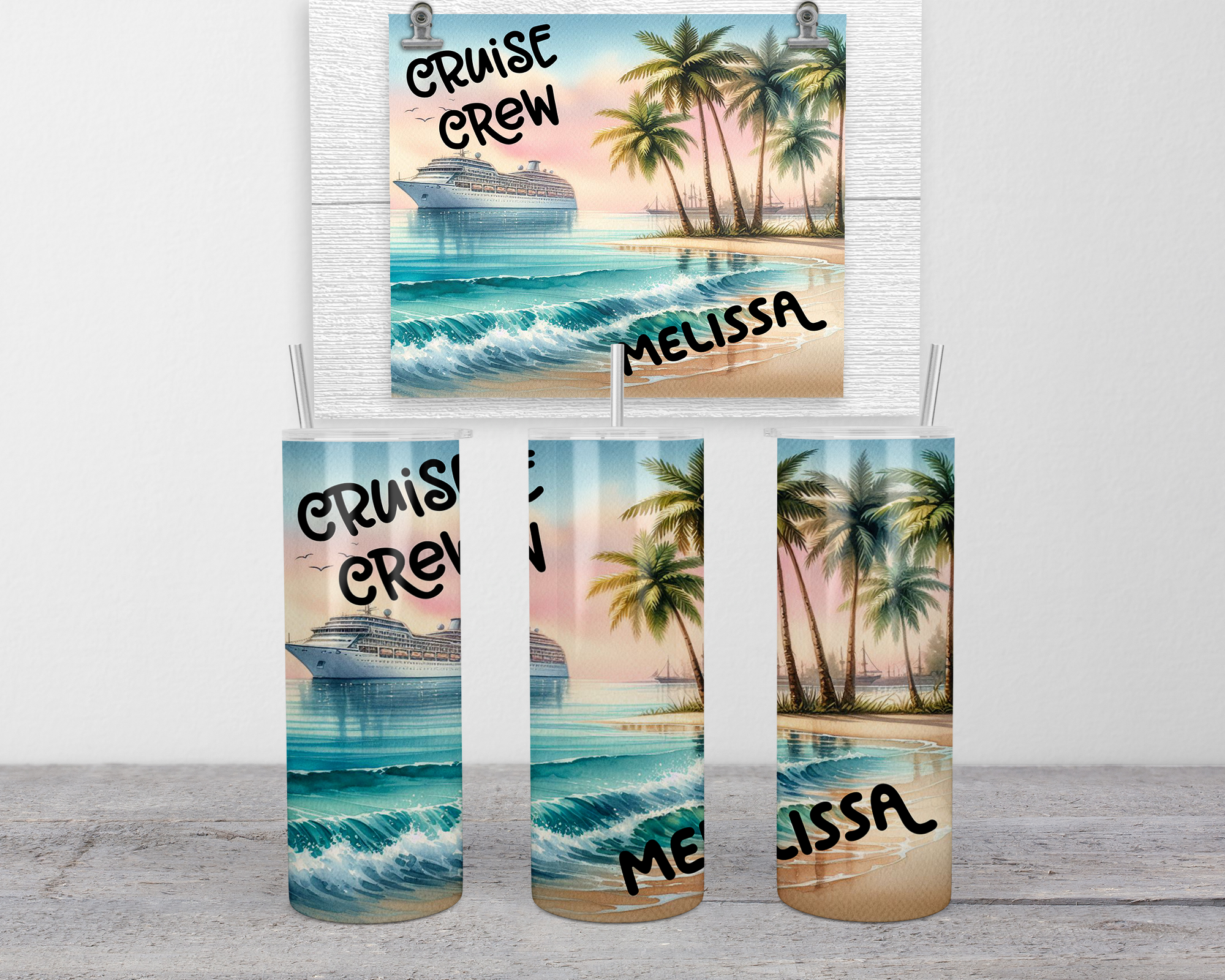 Personalized cruise crew tumbler with a colorful ocean design