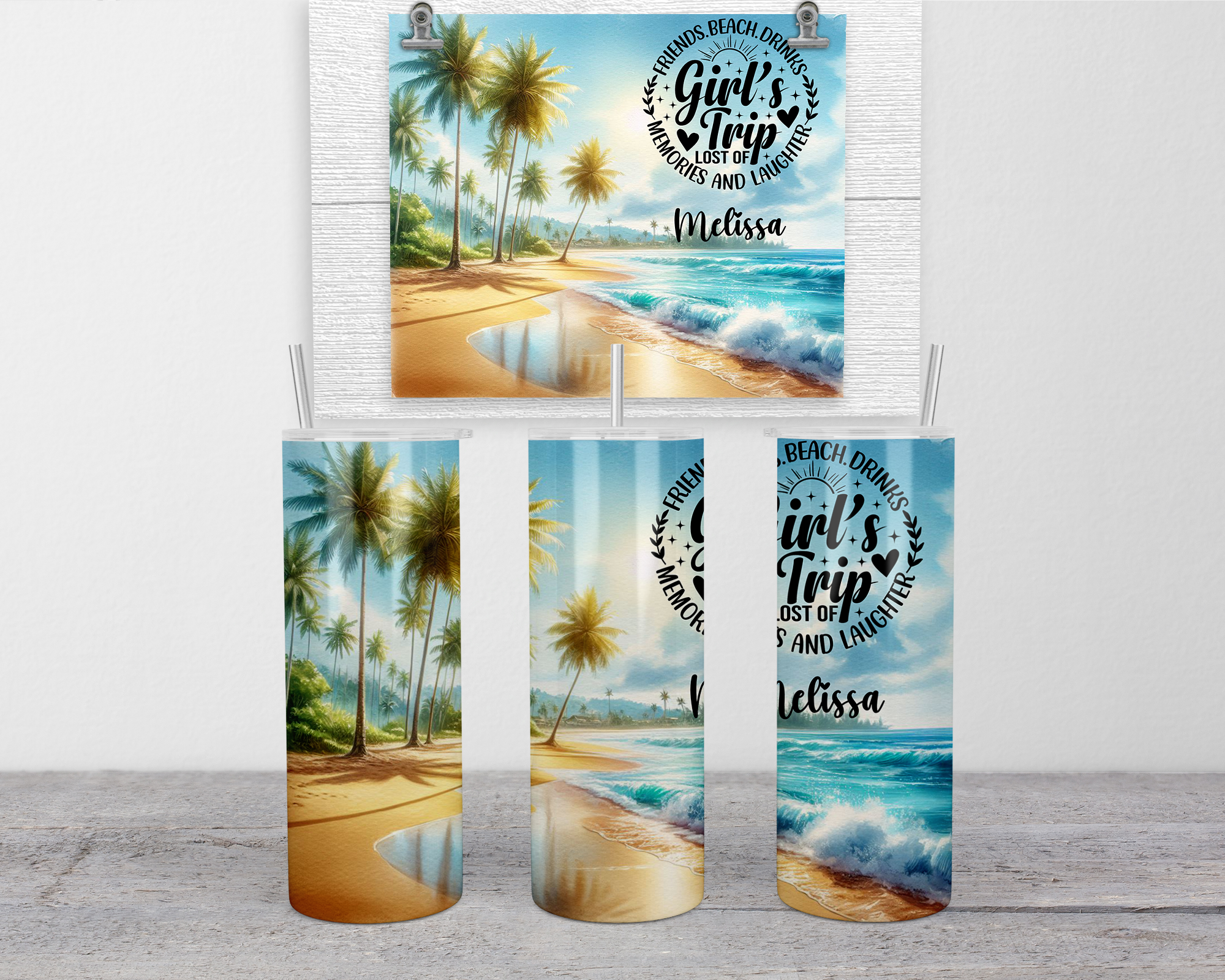 Personalized girls trip tumbler with a vivid vacation design
