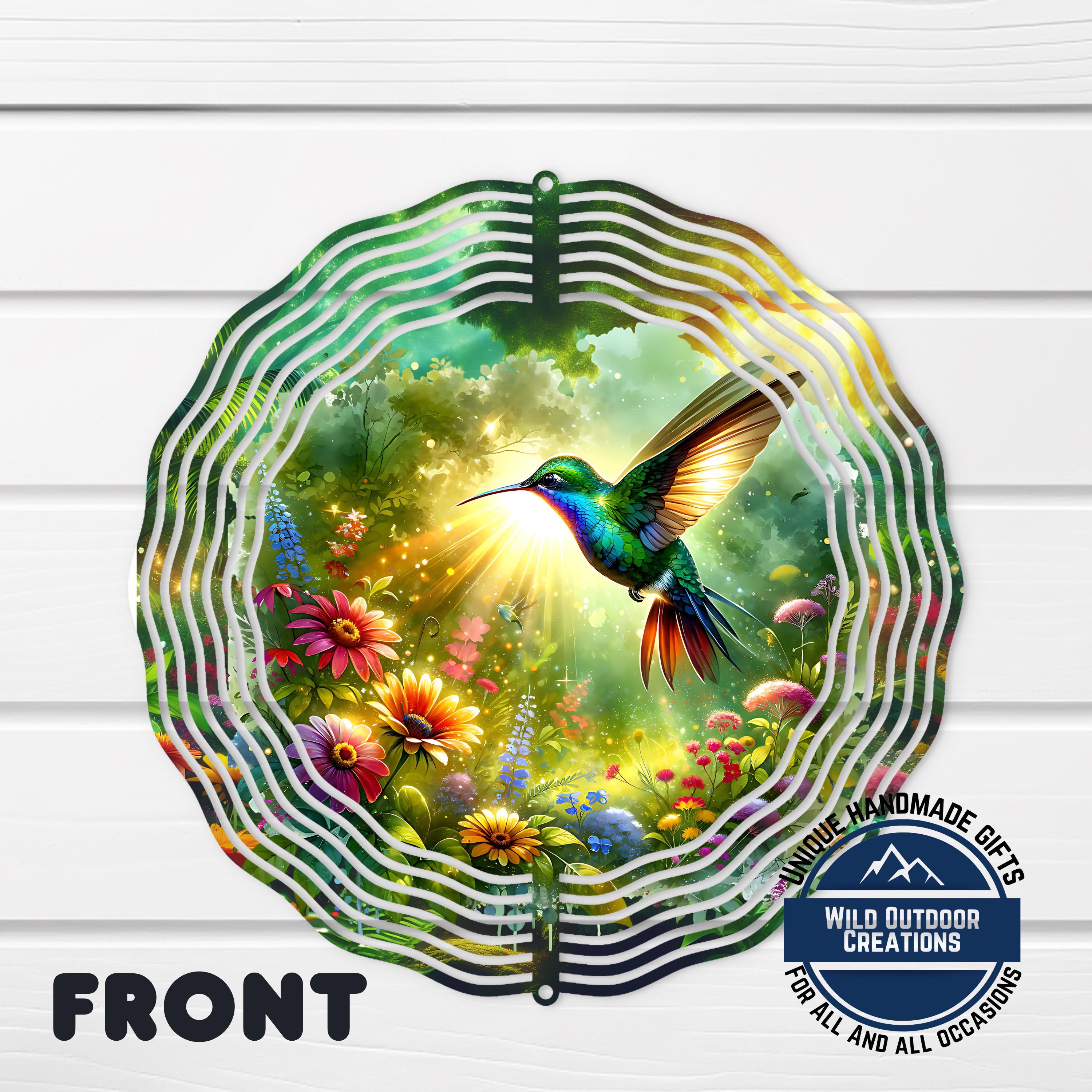 Hummingbird wind spinner with colorful flower-inspired design