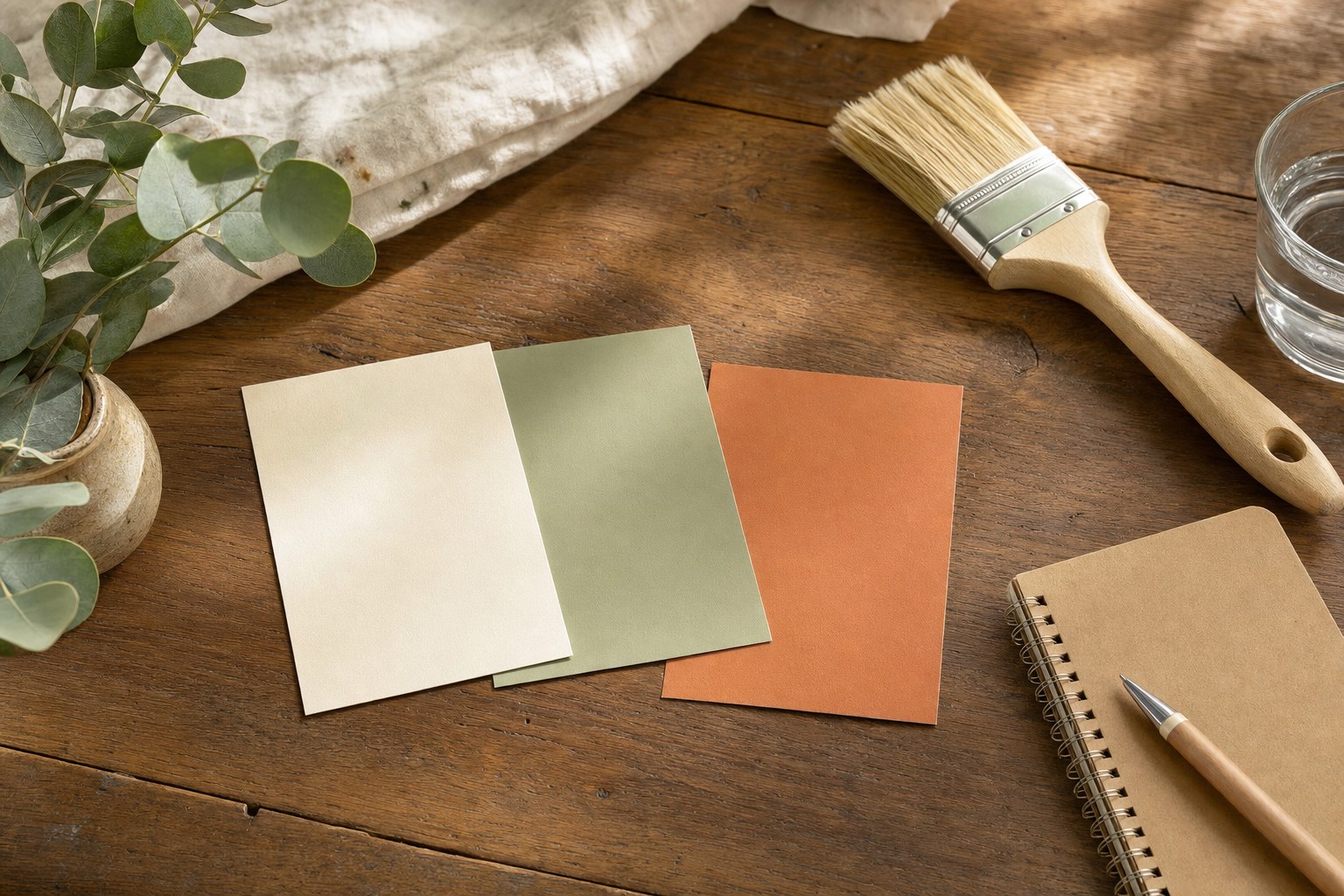 Paint swatches and a brush on a worktable
