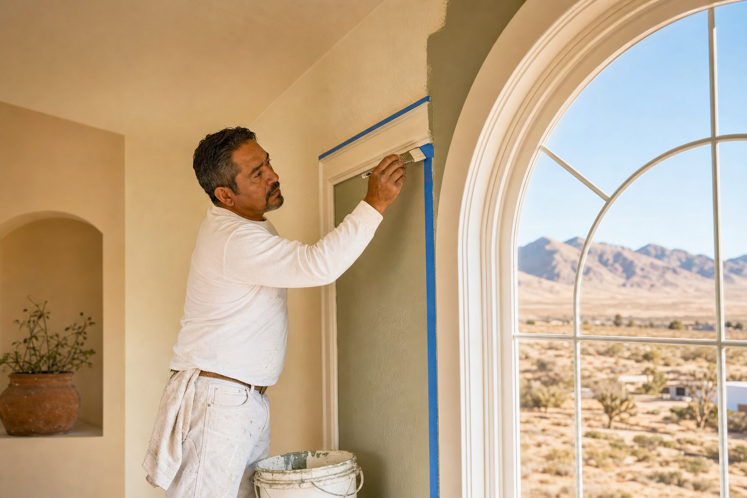 Painter carefully cutting a line beside an arched window