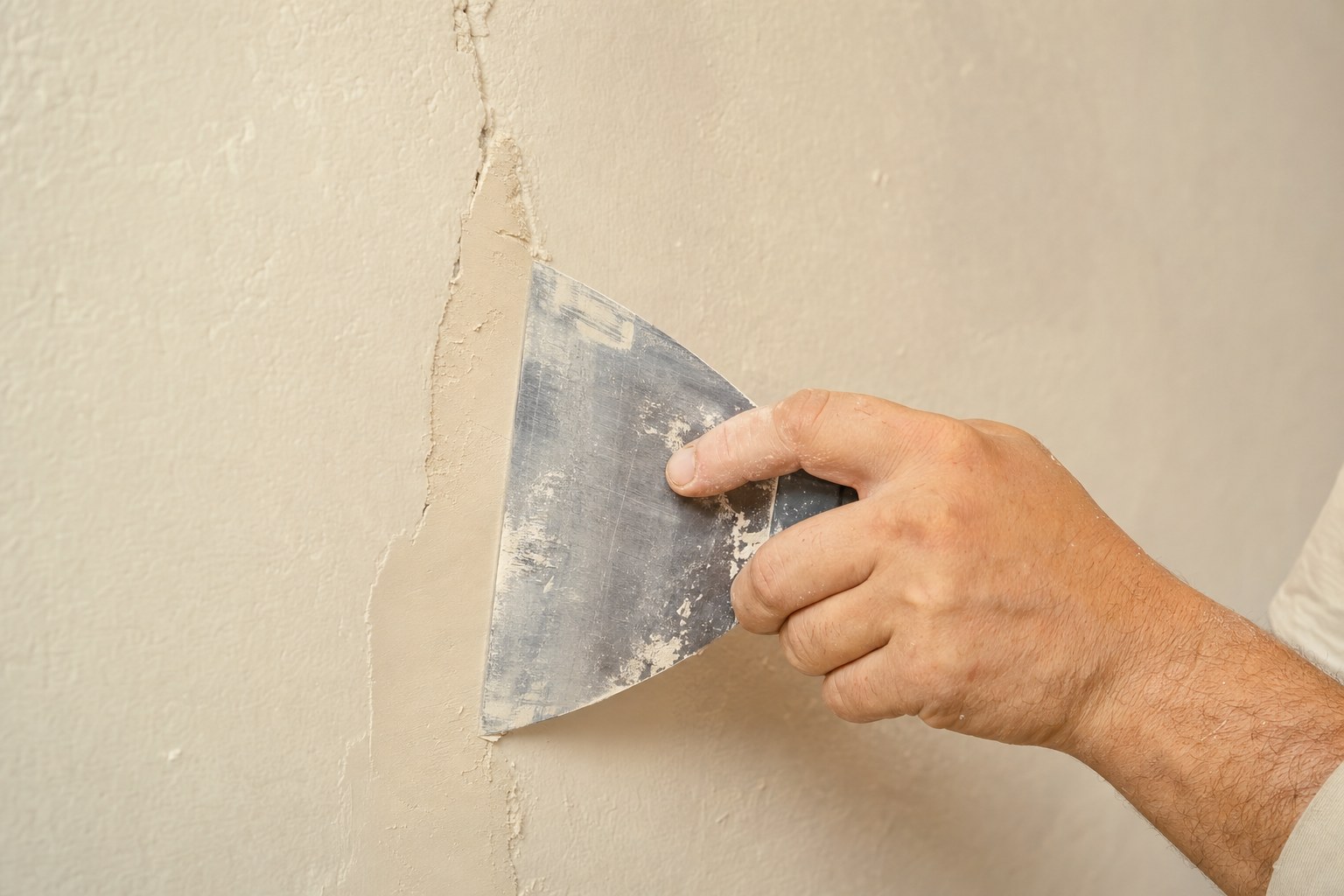 Painter smoothing a wall repair before painting