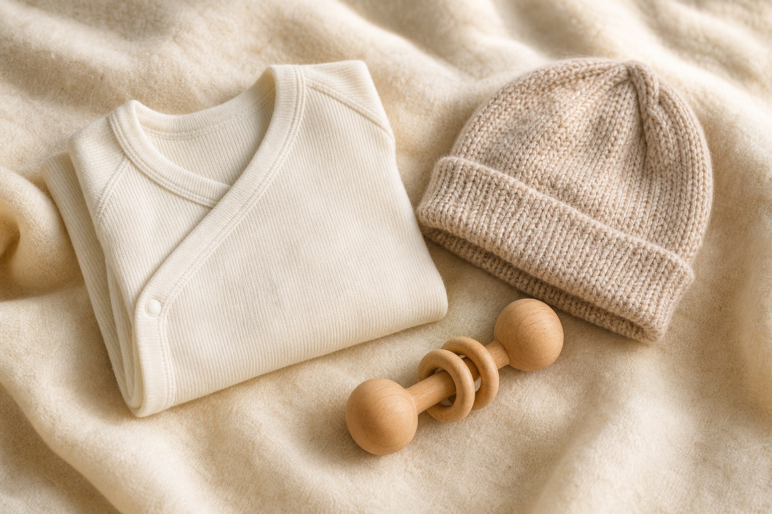 Folded newborn onesie, knit hat, and wooden rattle on a cream blanket