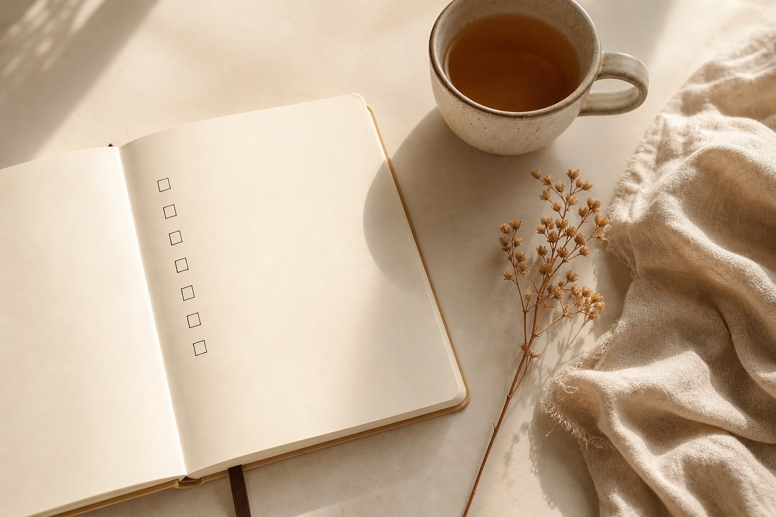 Open notebook with blank checkboxes, tea, and linen for birth planning
