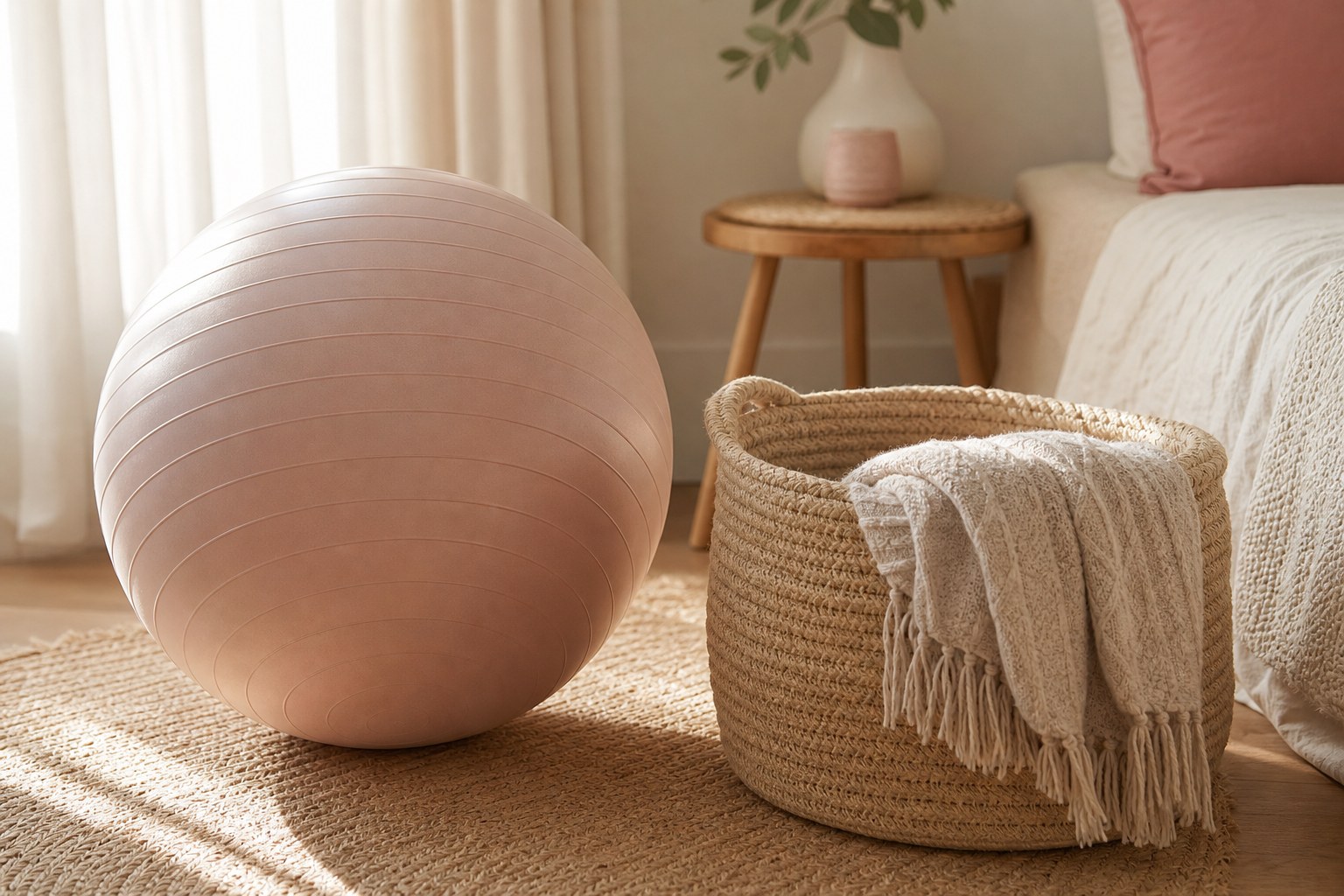 Birth ball and folded blanket in a softly lit room