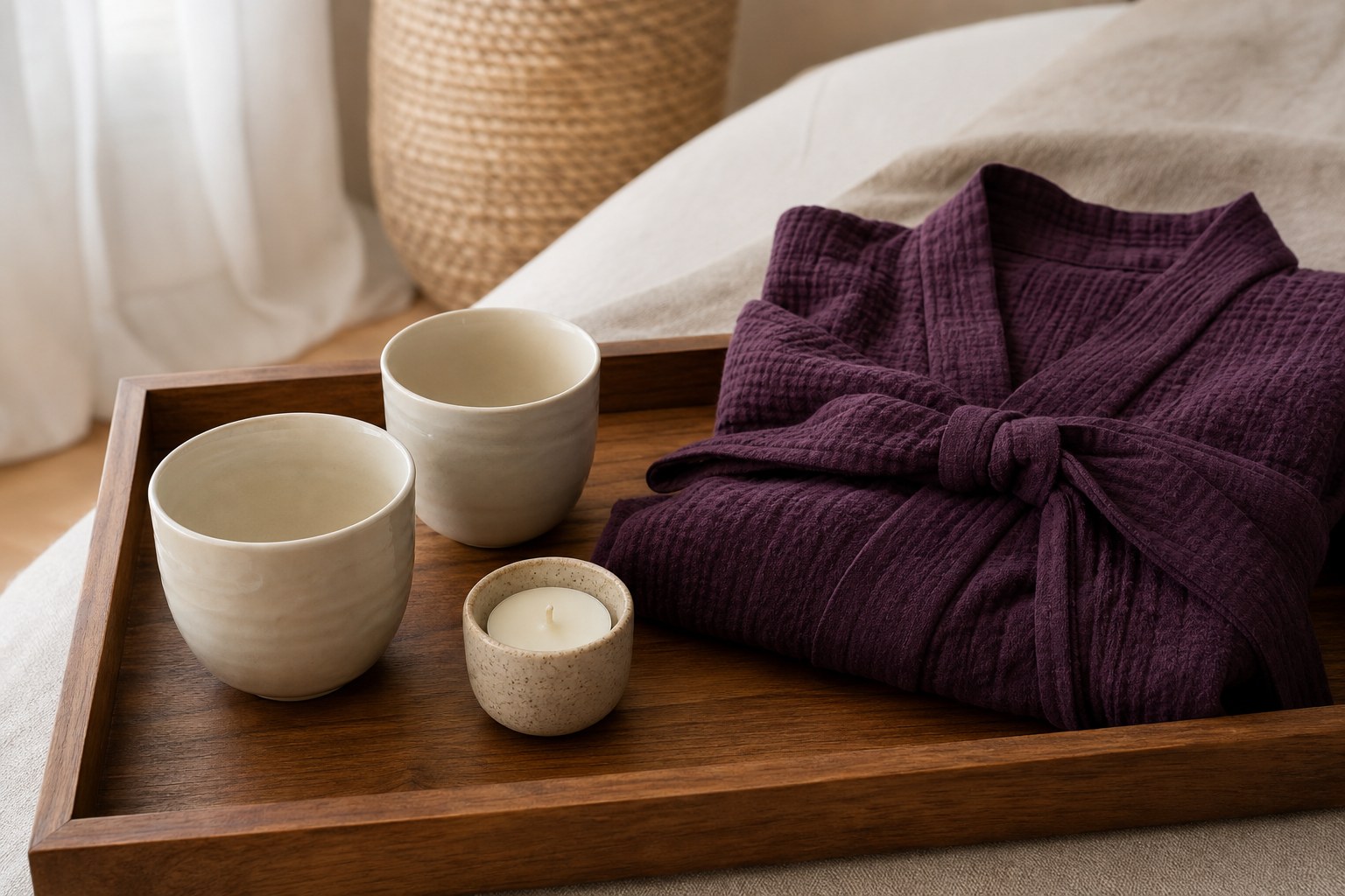 Two cups, a candle, and a folded robe on a wooden tray