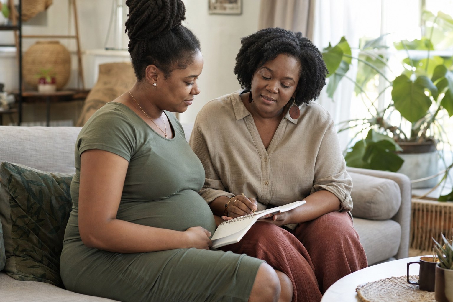 A doula and pregnant parent talking together with a notebook