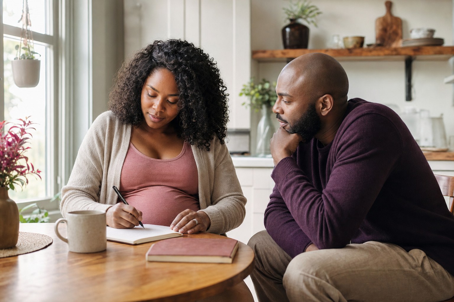 Expectant parents writing down questions together at their kitchen table