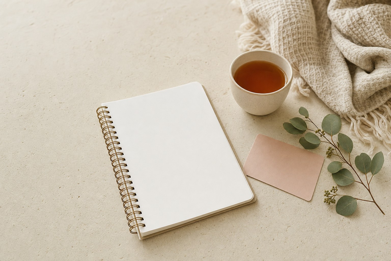 Blank notebook and tea on a warm cream table for birth planning