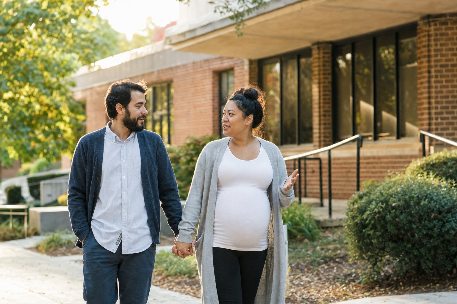 Expectant parents talking as they walk together outdoors