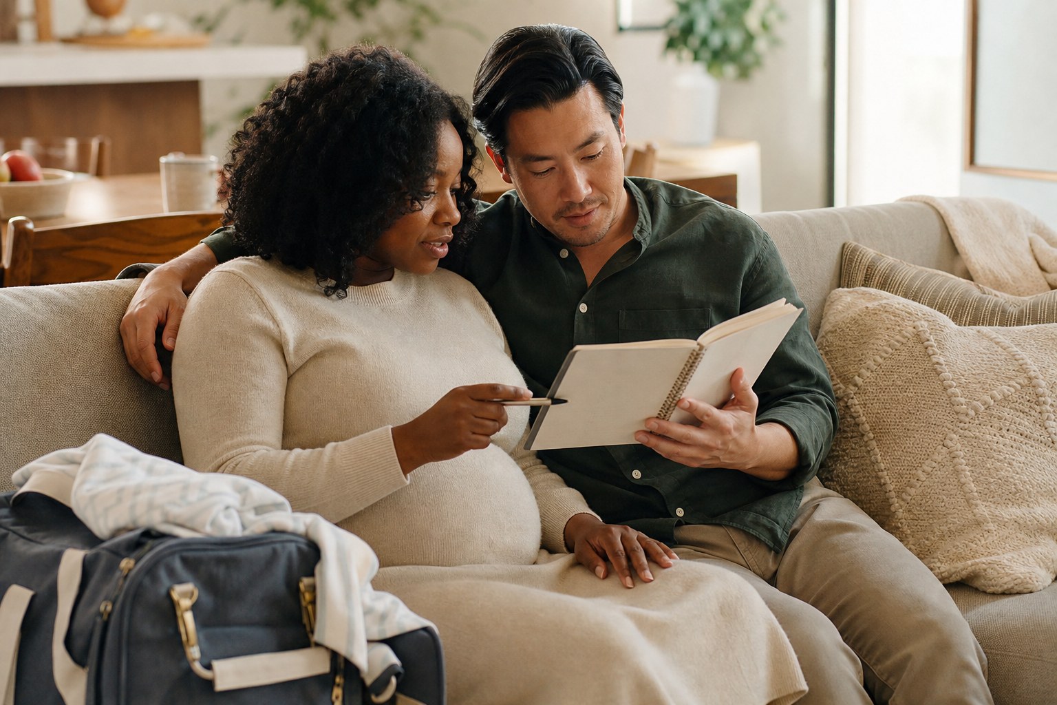 Expectant parents looking over a notebook with a packed bag nearby
