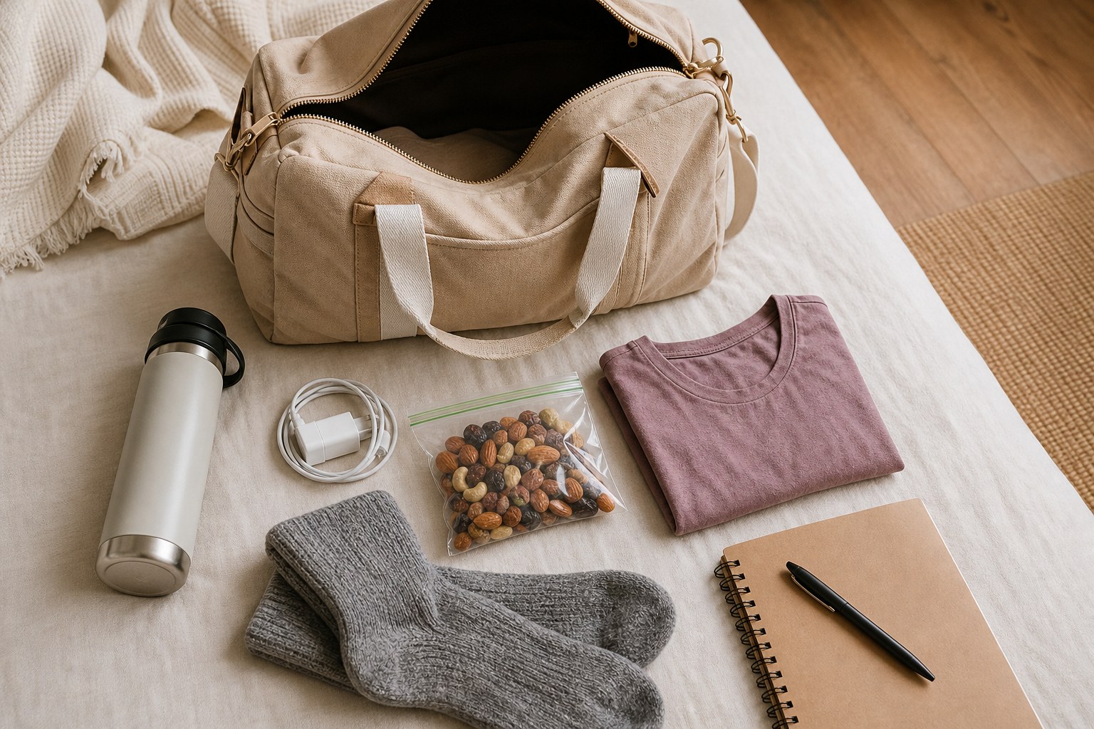 Open duffel bag beside a water bottle, charger, snacks, socks, notebook, and spare shirt