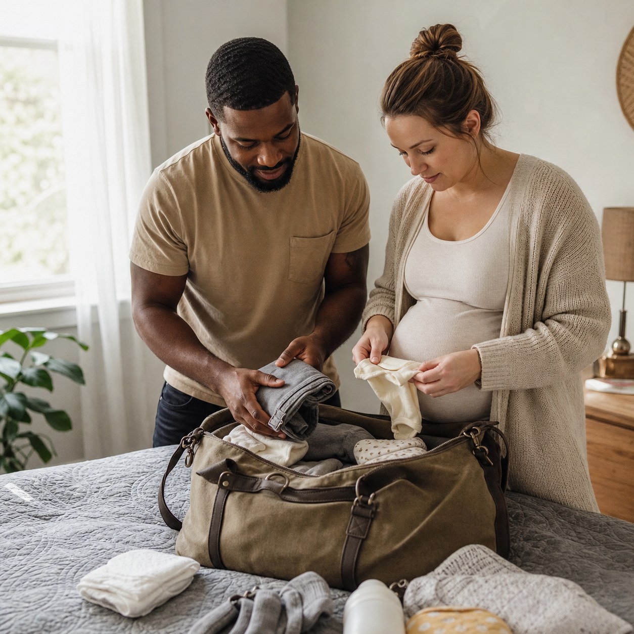 Expectant parents packing a hospital bag together at home