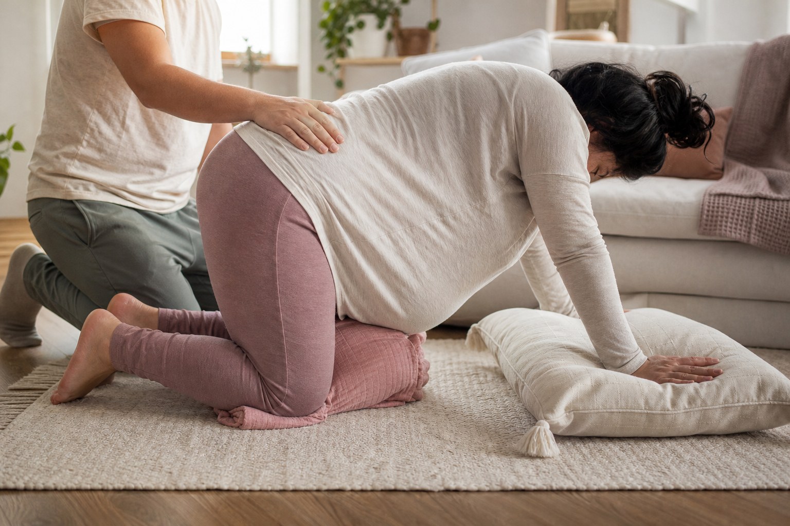 Pregnant parent using hands-and-knees position with a support person nearby