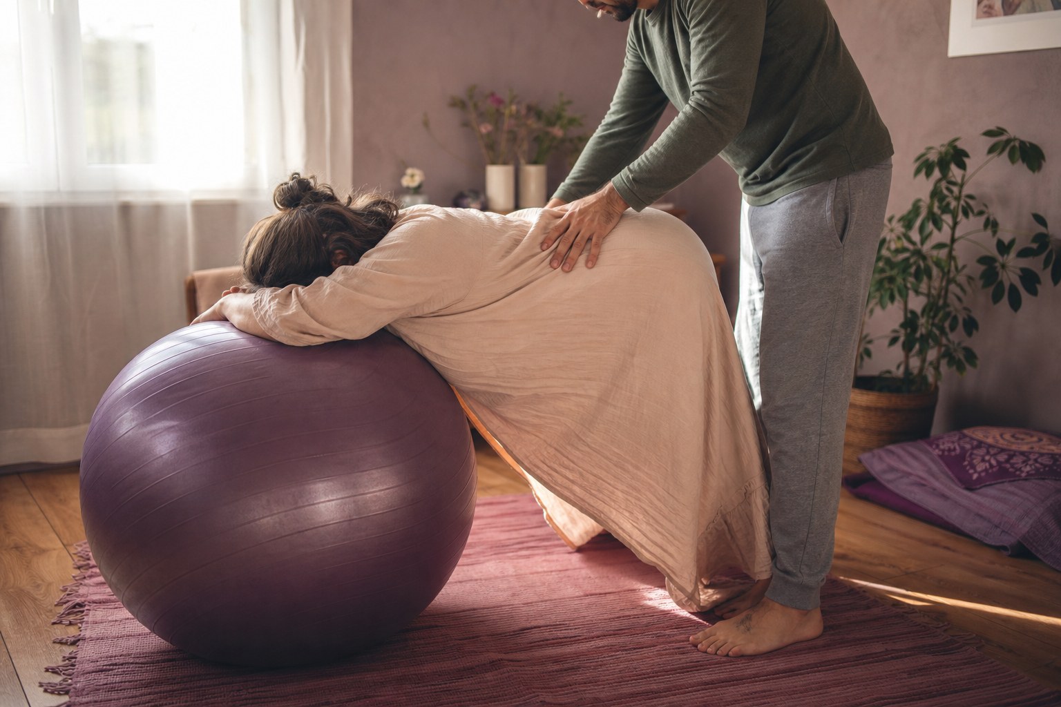 Pregnant parent leaning over a birth ball with a partner offering steady support