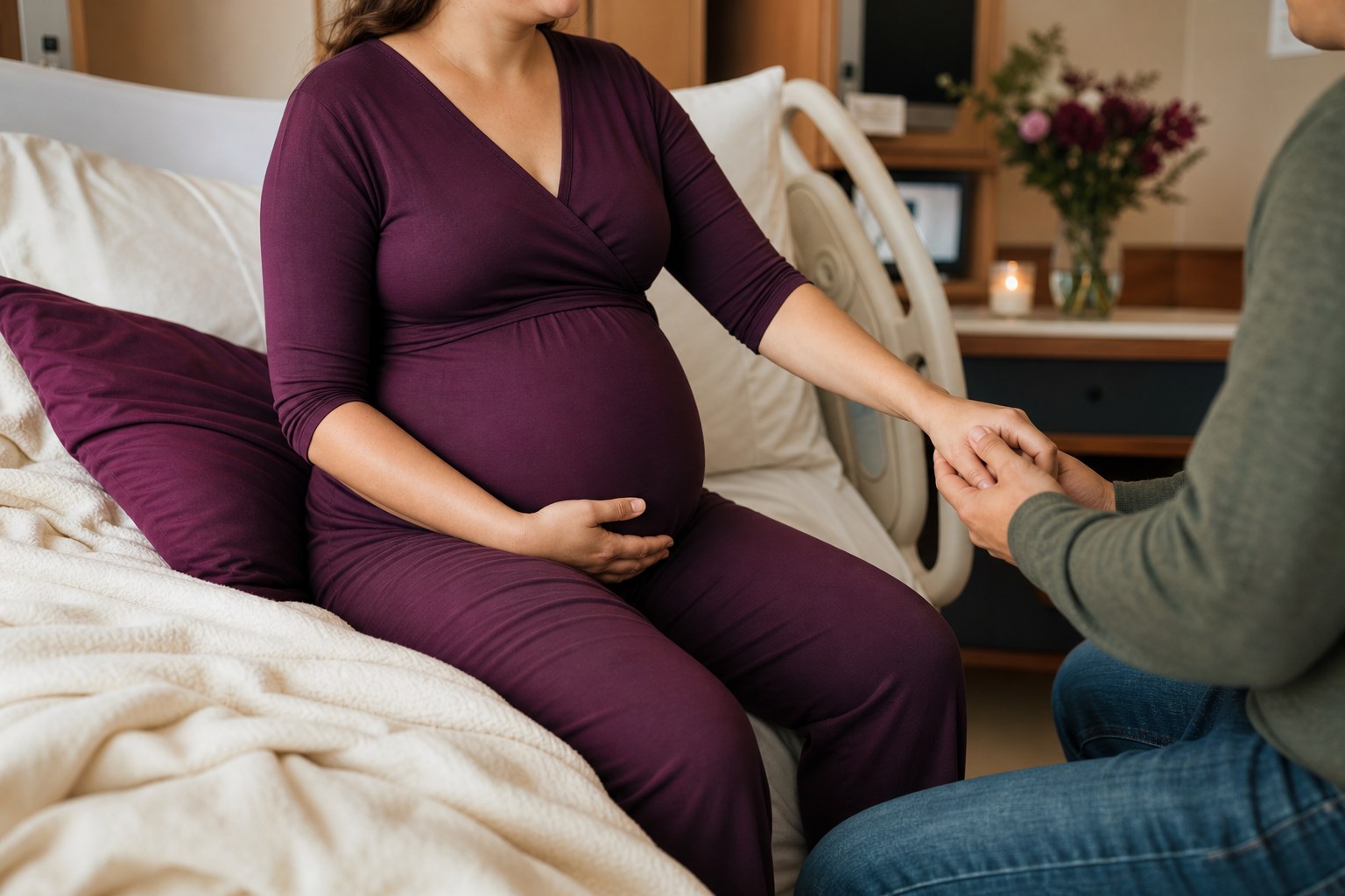 Pregnant parent sitting upright on a birth bed with a partner holding their hand