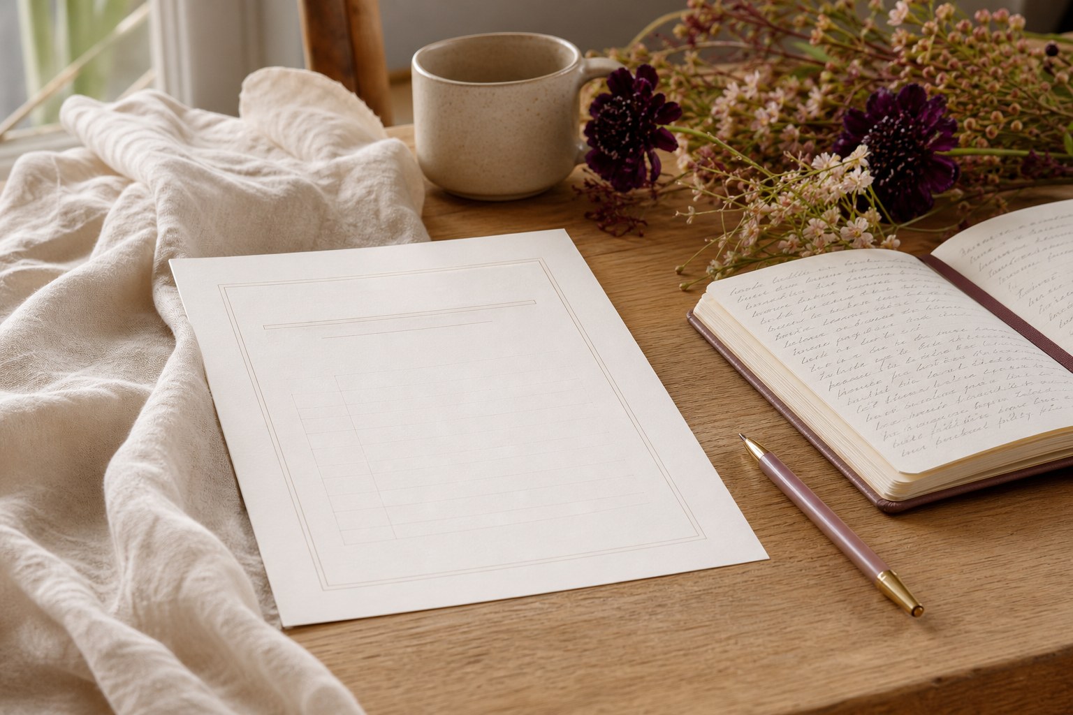 Blank birth-preferences page, notebook, tea, and flowers on a wooden table