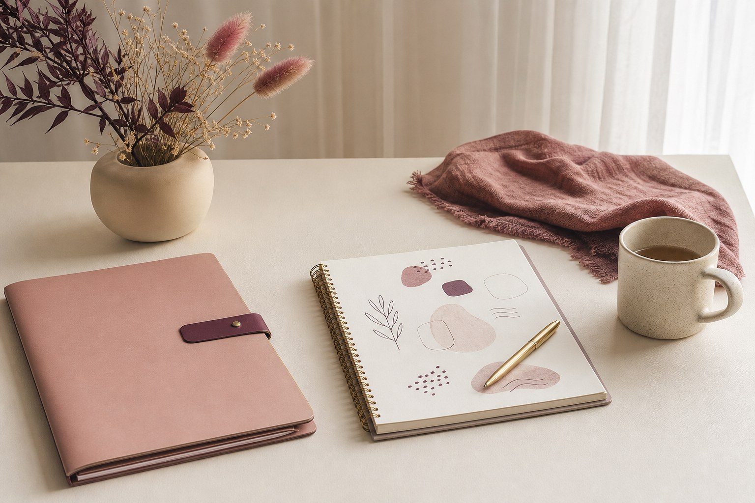 Notebook, folder, tea, and dried flowers ready for planning