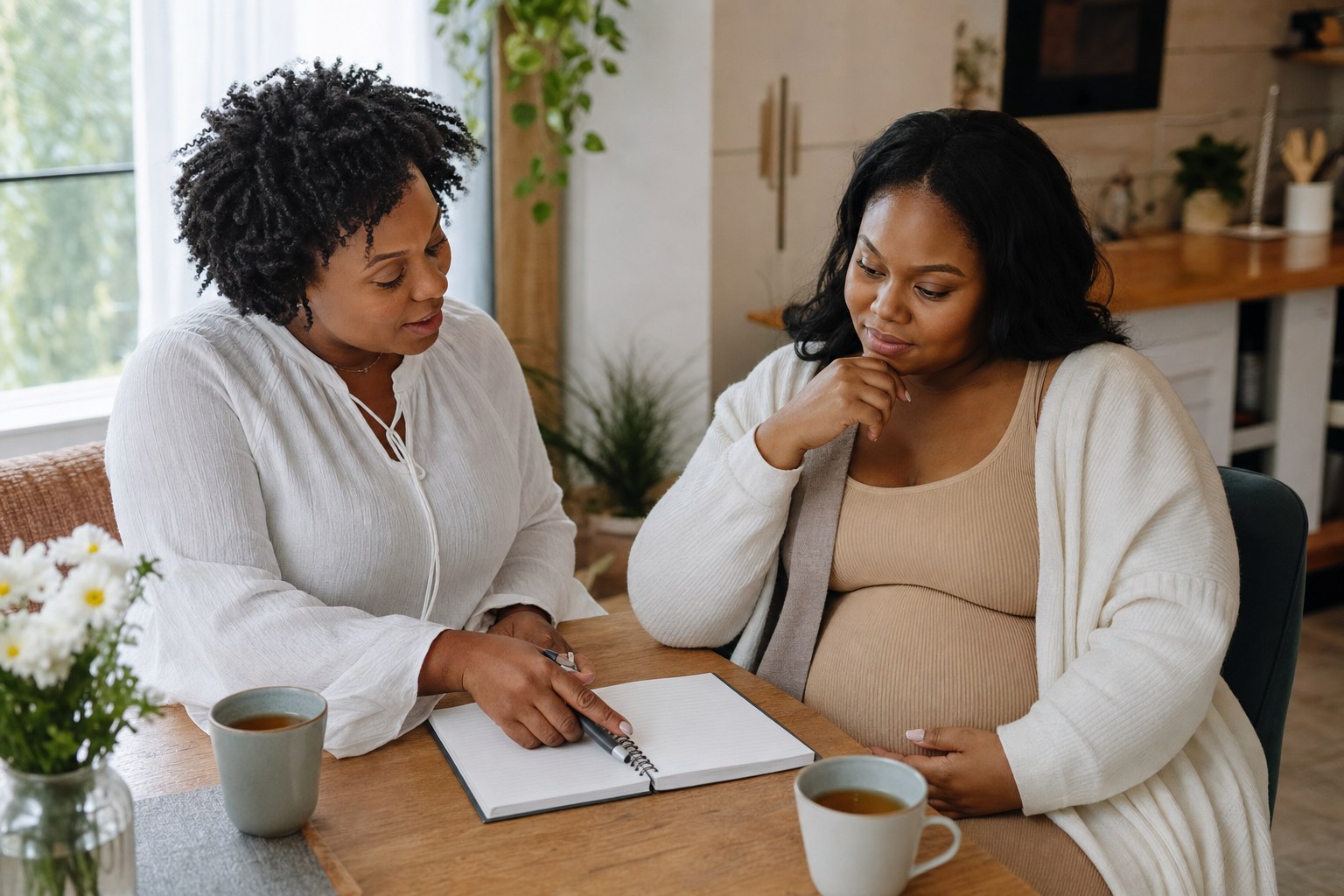 A doula and parent discussing birth support