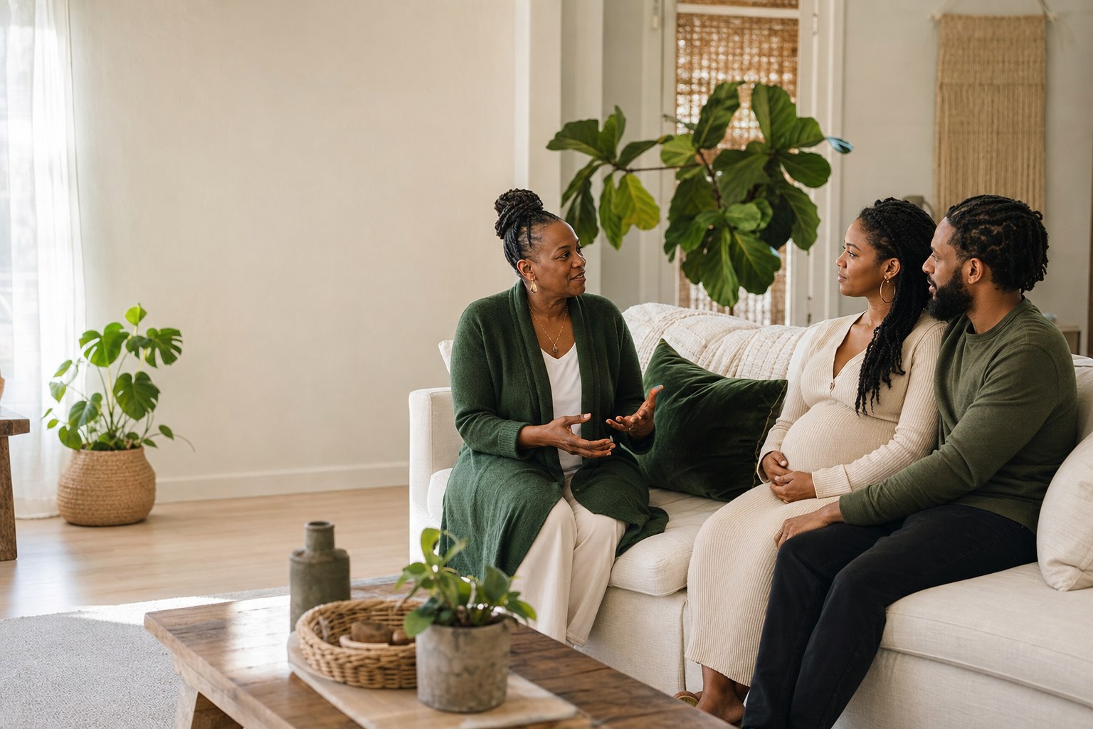 Doula speaking with expectant parents in a sunlit home