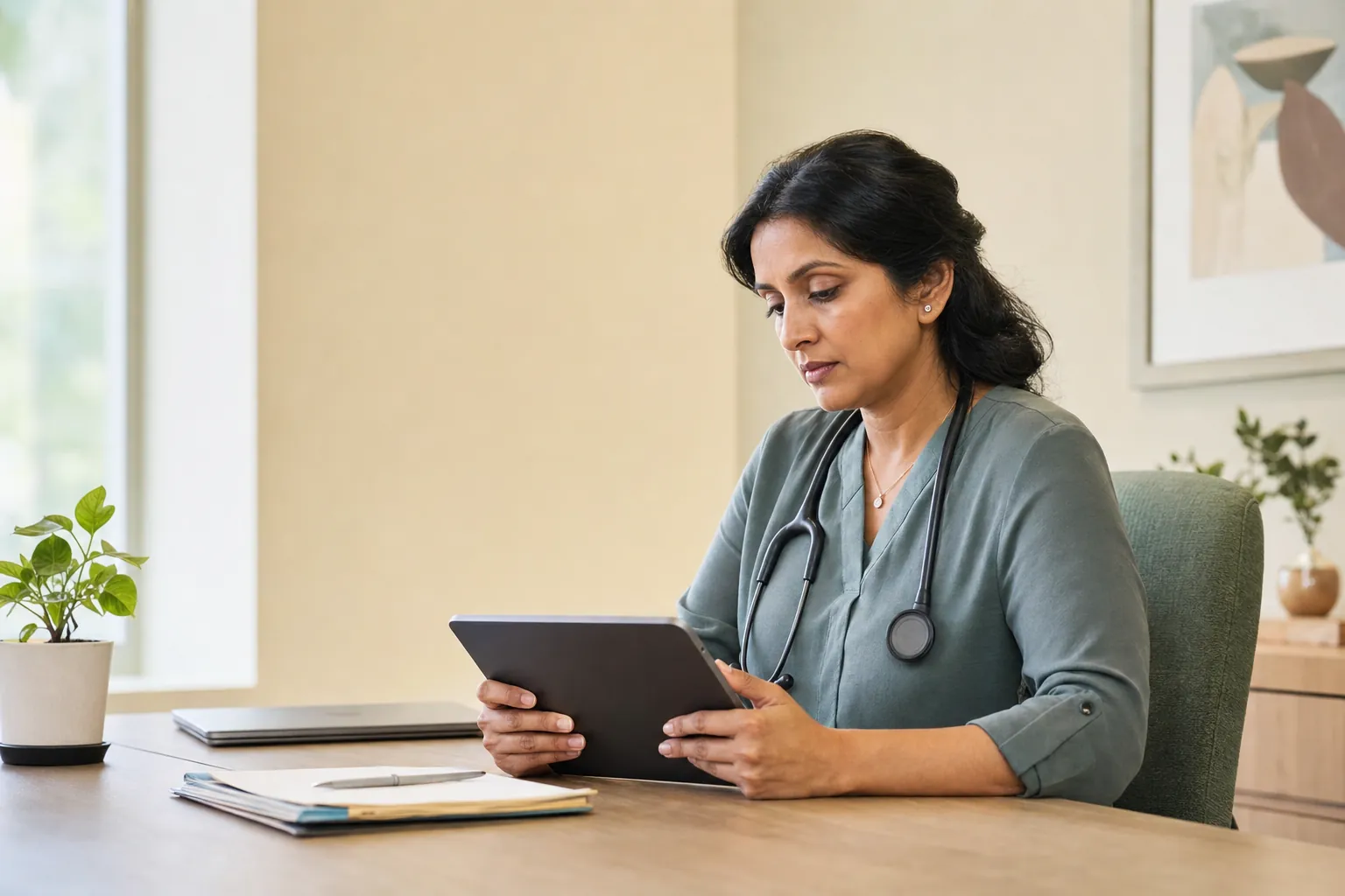 Clinician reviewing information after a care visit