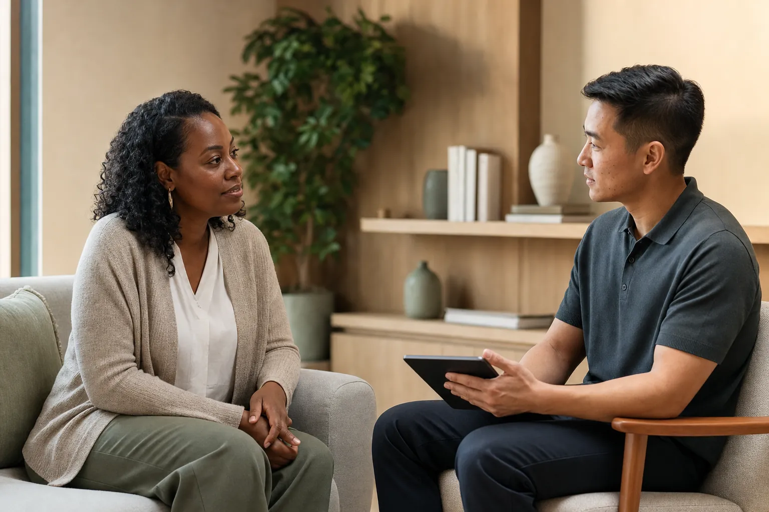 A patient and clinician in a calm care conversation