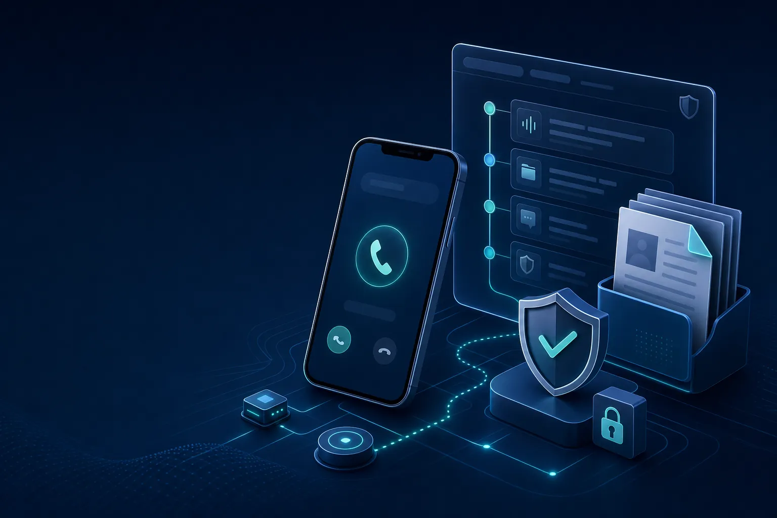 Illustration of a smartphone, AI case dashboard, secure documents, and connected legal technology
