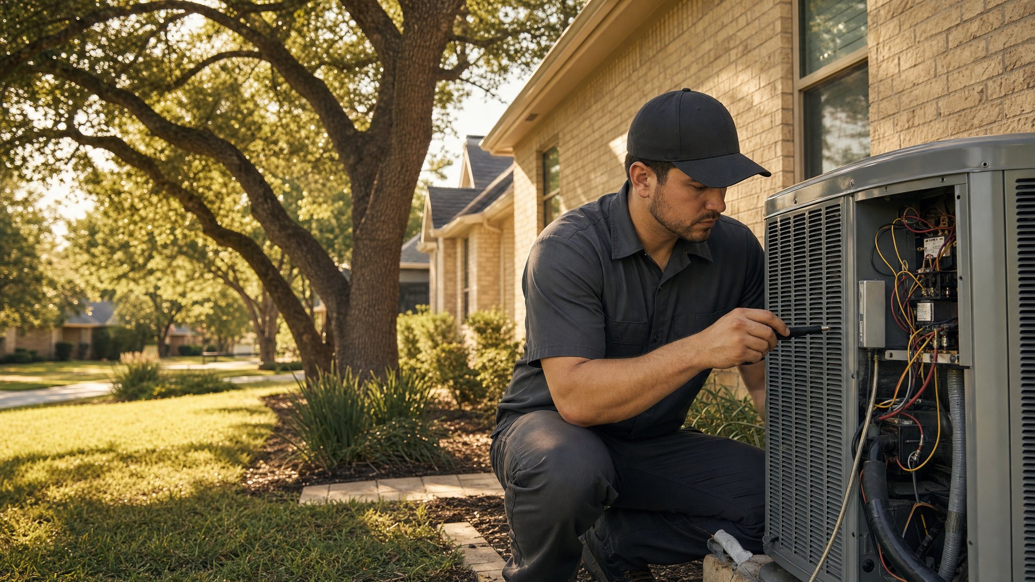 Technician servicing a residential air conditioning unit