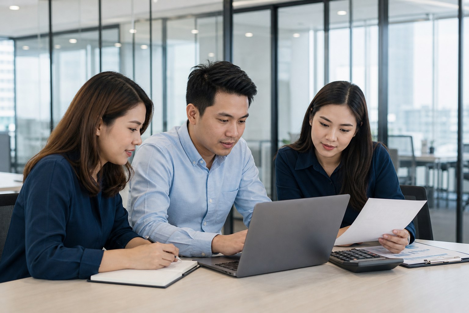 Filipino accounting and finance professionals reviewing financial reports together in a modern office