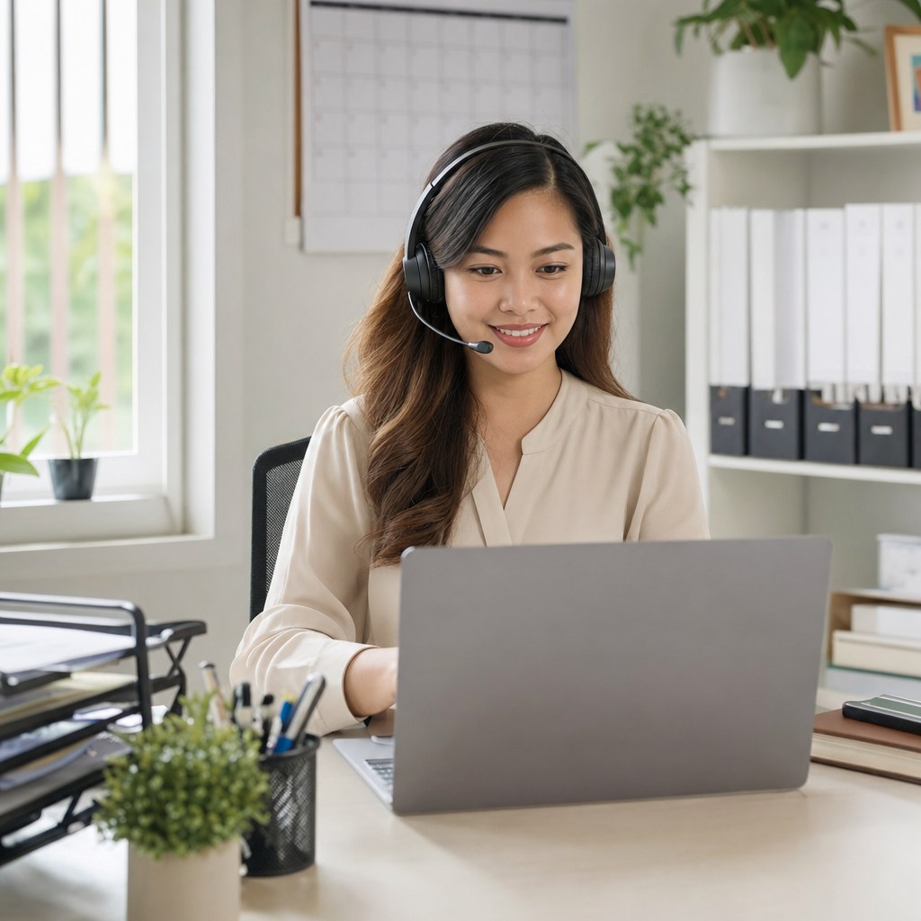 Filipino medical administrative assistant working at a computer